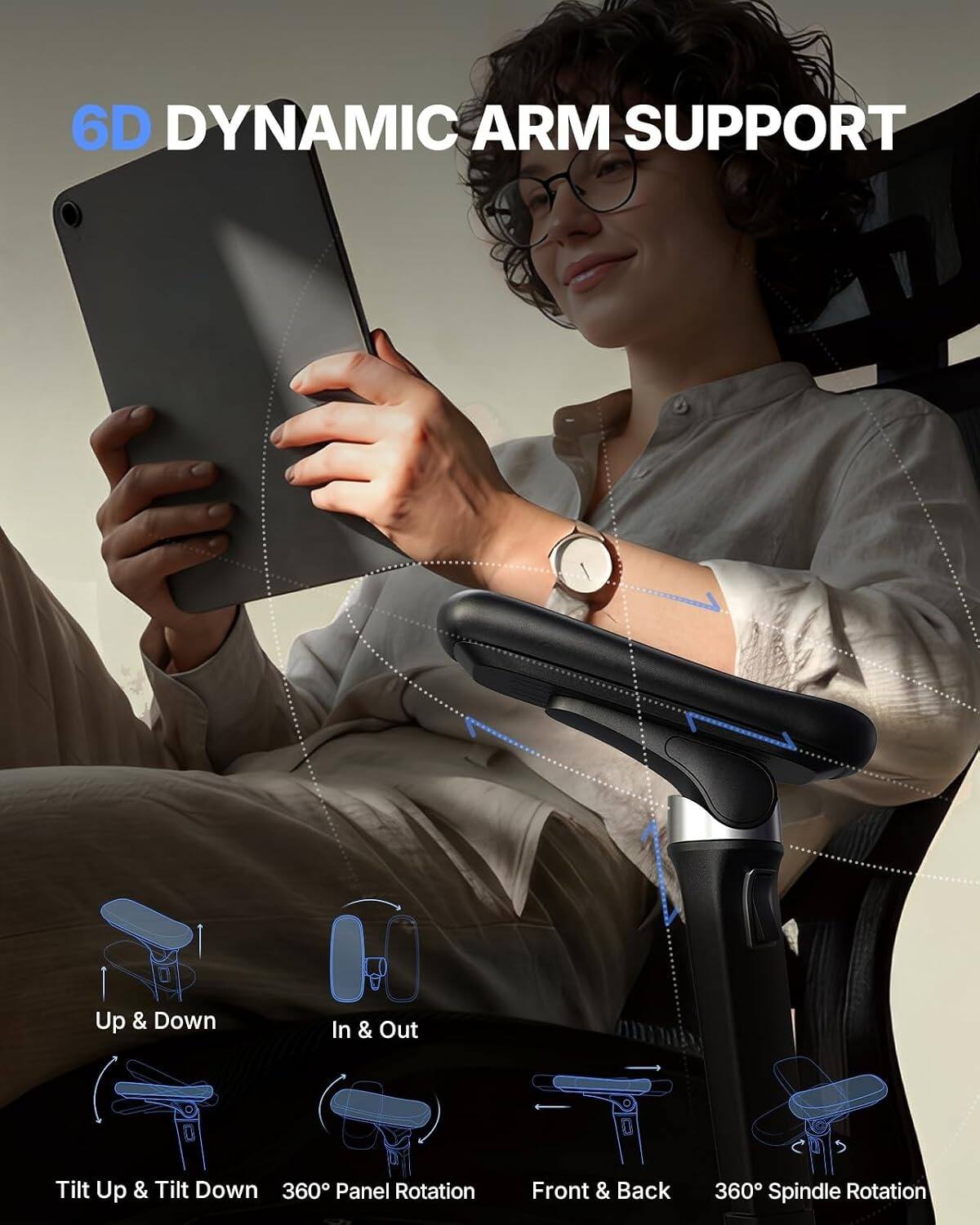 6D DYNAMIC ARM SUPPORT

Up & Down

In & Out

Tilt Up & Tilt Down

360° Panel Rotation

Front & Back

360° Spindle Rotation