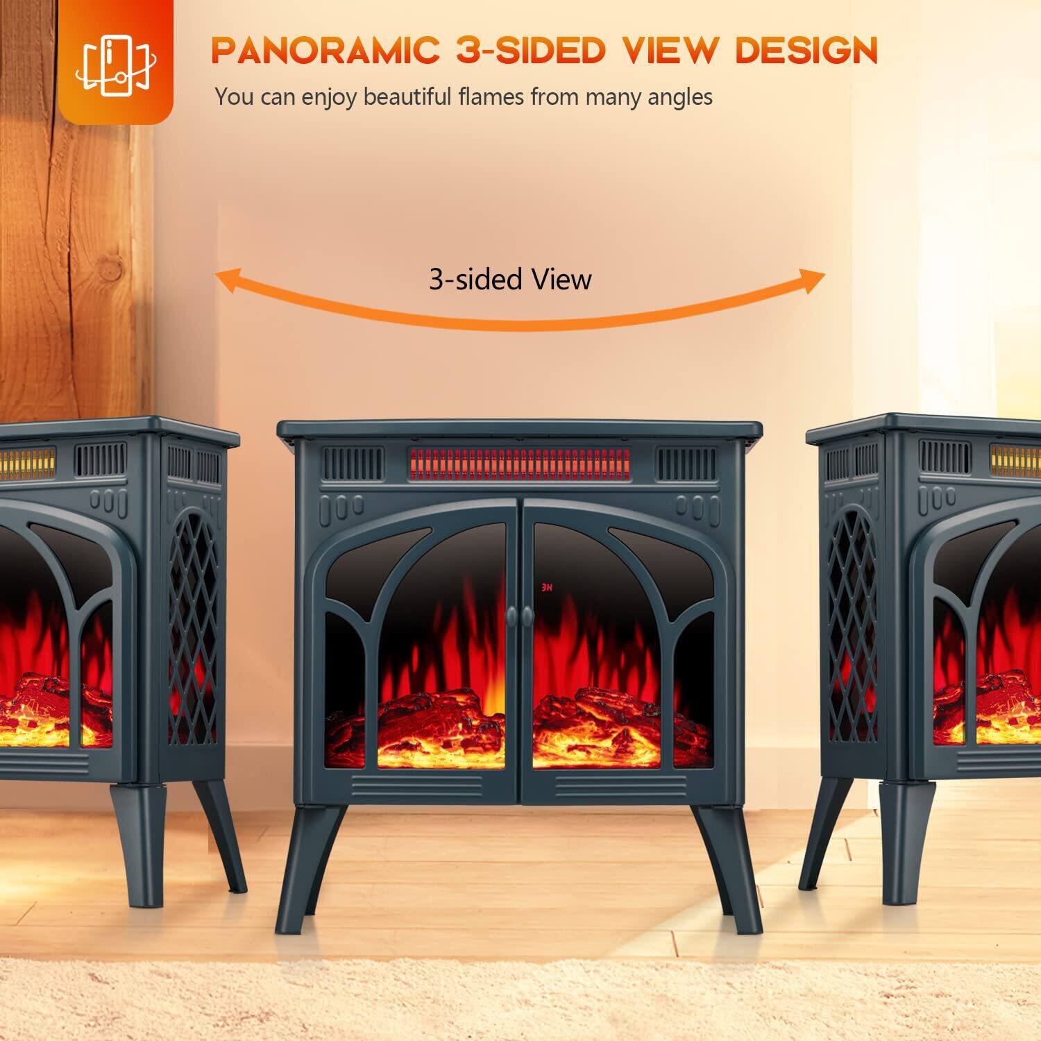 PANORAMIC 3-SIDED VIEW DESIGN  
You can enjoy beautiful flames from many angles  

3-sided View