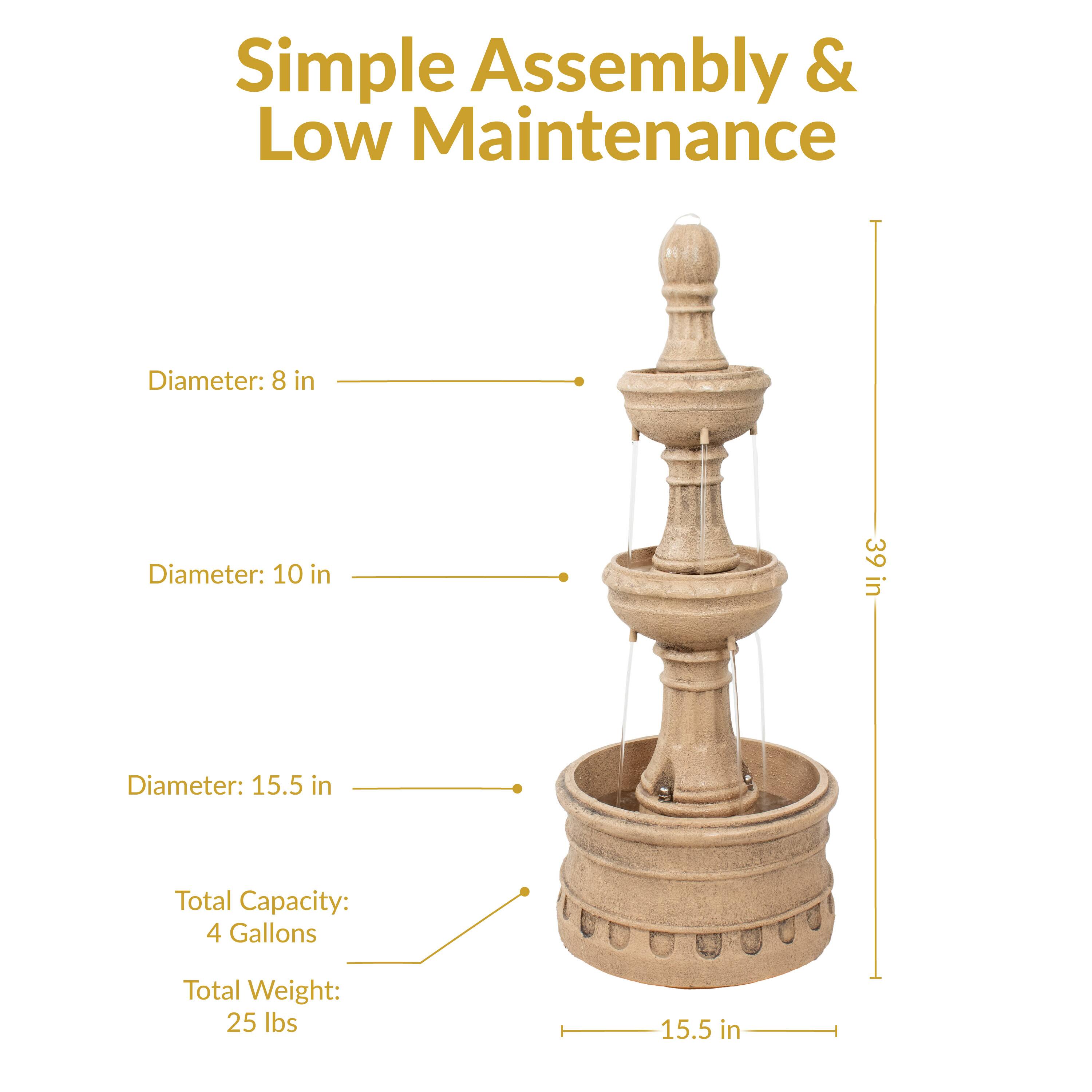 Simple Assembly & Low Maintenance

- Diameter: 8 in
- Diameter: 10 in
- Diameter: 15.5 in
- Total Capacity: 4 Gallons
- Total Weight: 25 lbs
- Height: 39 in