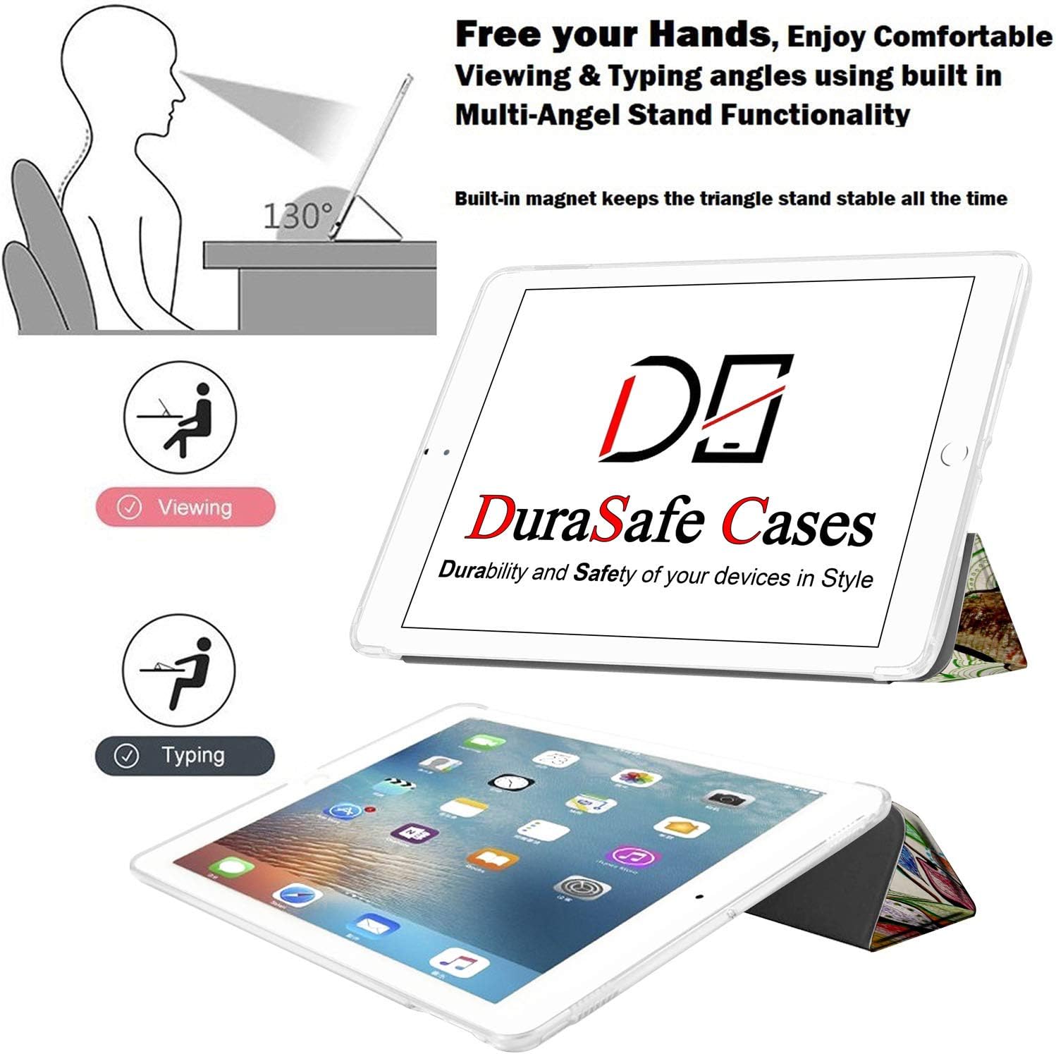 Free your Hands, Enjoy Comfortable Viewing & Typing angles using built in Multi-Angel Stand Functionality

130°

Built-in magnet keeps the triangle stand stable all the time

Viewing Pi Typing

DE DuraSafe Cases Durability and Safety of your devices in Style