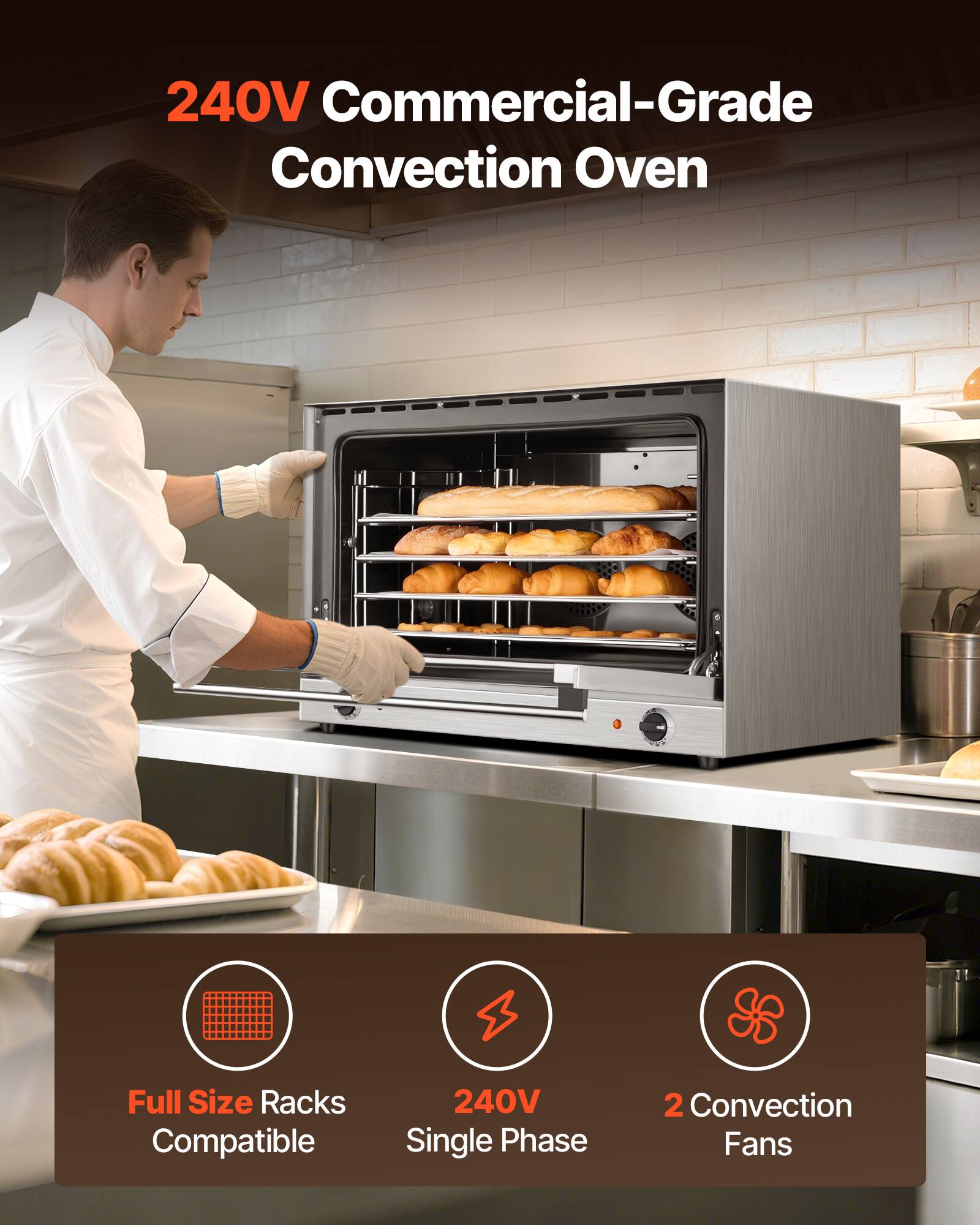 240V Commercial-Grade Convection Oven

Full Size Racks Compatible

240V Single Phase

2 Convection Fans