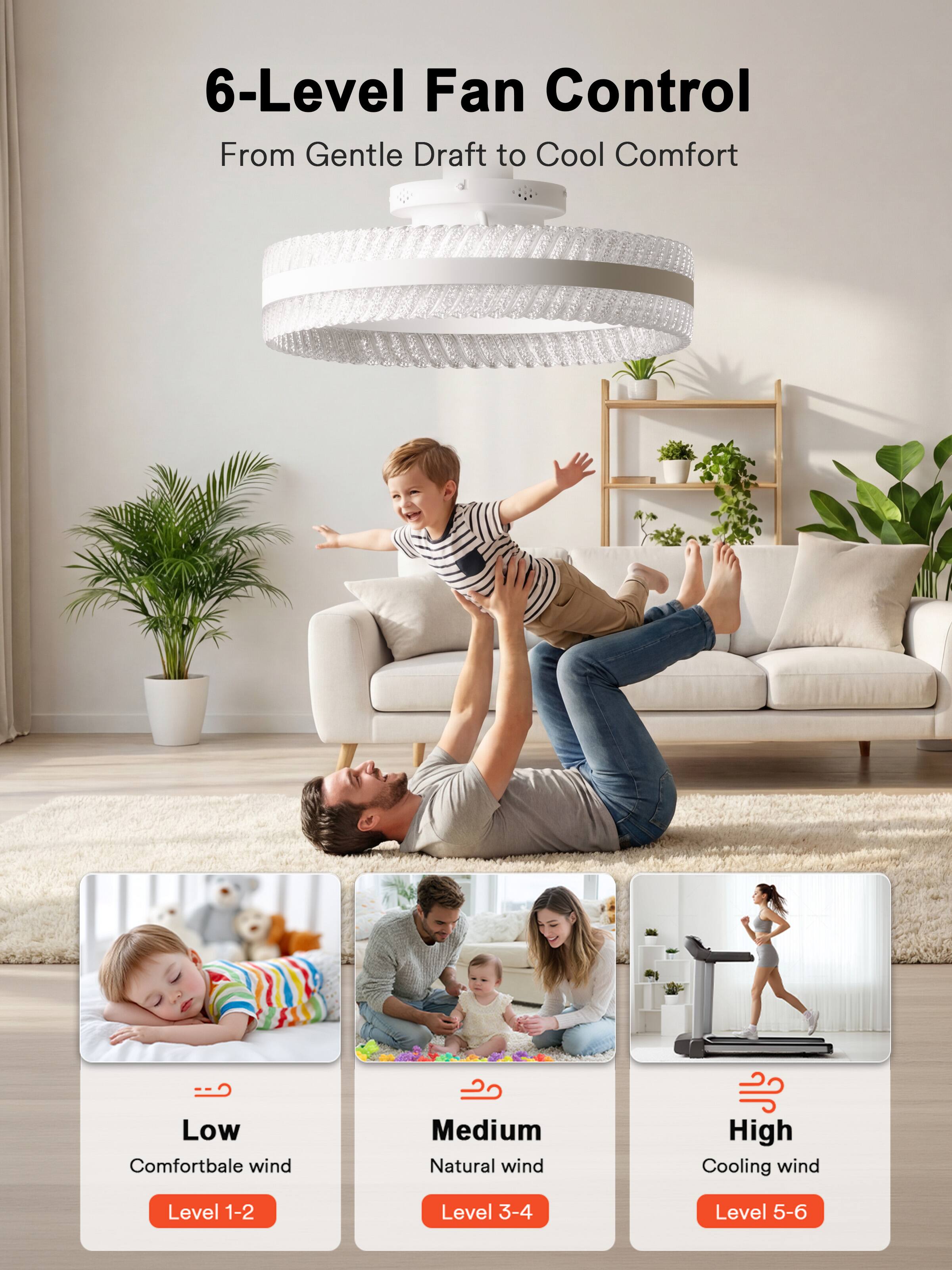 6-Level Fan Control  
From Gentle Draft to Cool Comfort  

Low  
Comfortable wind  
Level 1-2  

Medium  
Natural wind  
Level 3-4  

High  
Cooling wind  
Level 5-6