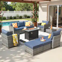 Ovios - 10 PCS Patio Furniture Sofa Set with Armchairs, Coffee Table & 42" Fire Pit Table, No Assembly Required - Denim Blue