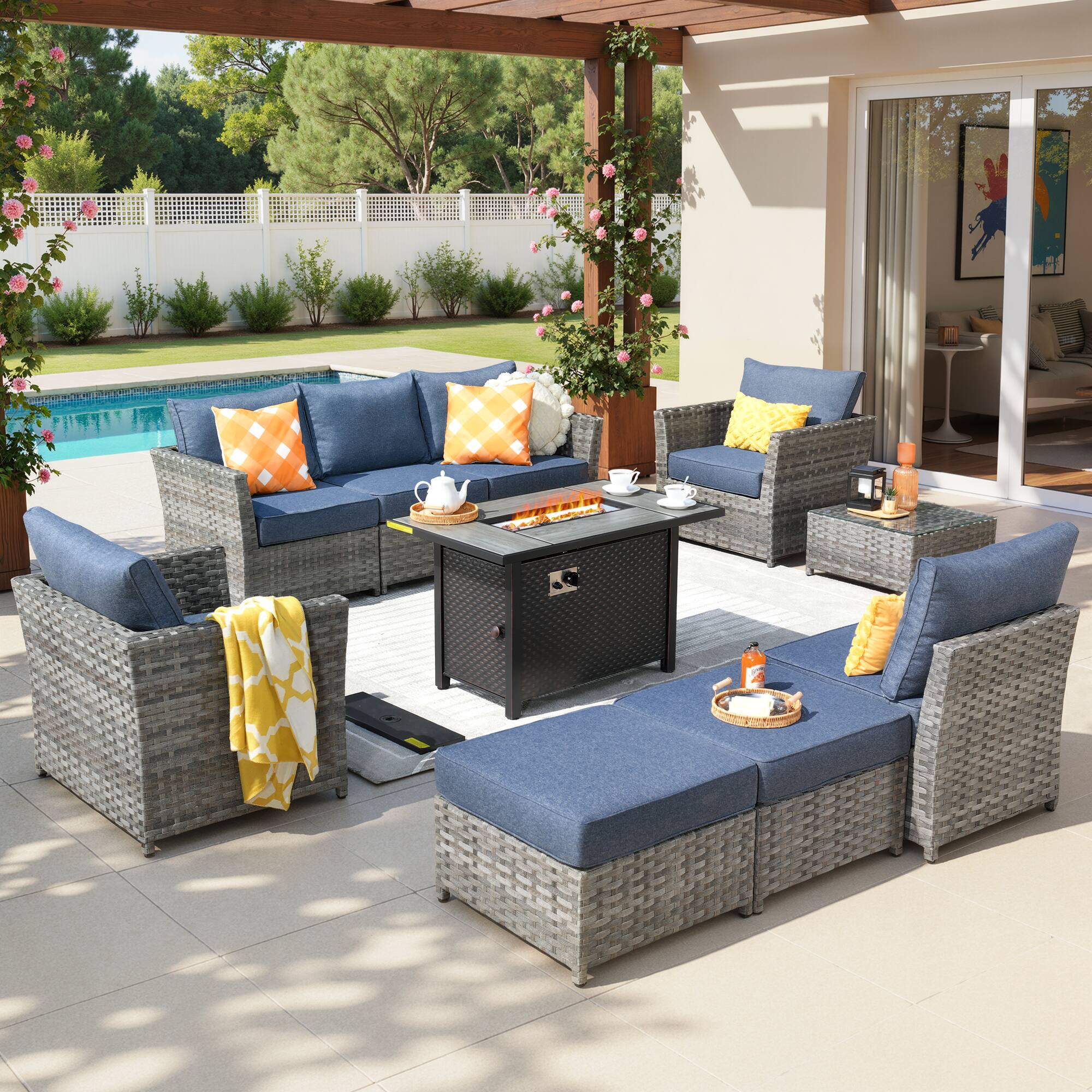 Ovios - 10 PCS Patio Furniture Sofa Set with Armchairs, Coffee Table & 42" Fire Pit Table, No Assembly Required - Denim Blue