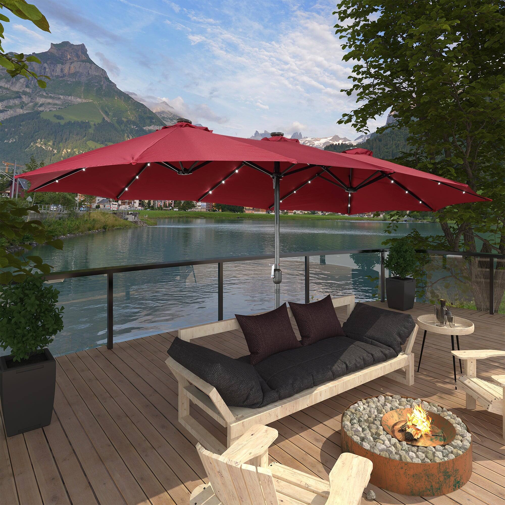 Alt View 9. Boyel Living - 15 FT Extra Large Double Sided Patio Umbrella with Base and Solar LED - Red.