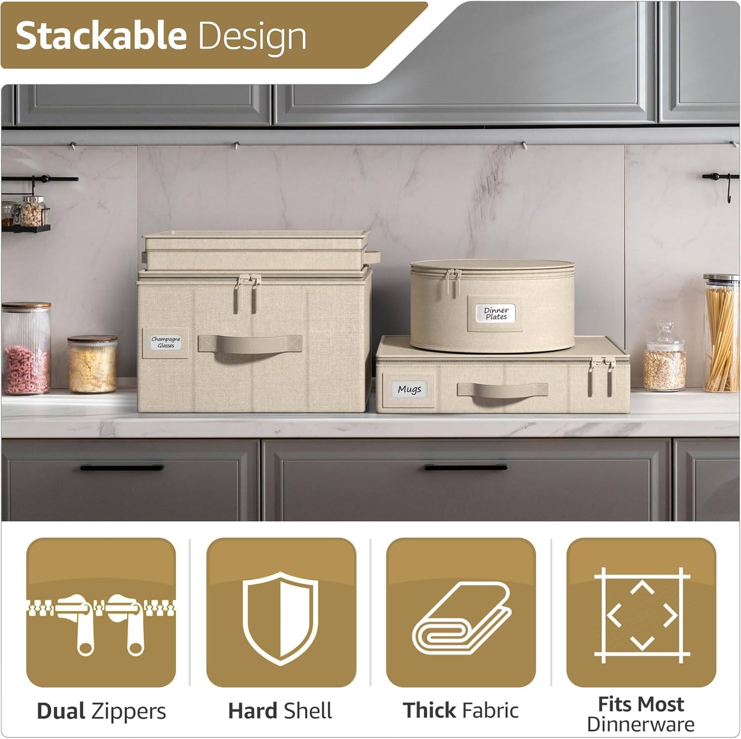 Stackable Design

- Dinner Plates
- Champagne Glasses
- Mugs

Dual Zippers
Hard Shell
Thick Fabric
Fits Most Dinnerware