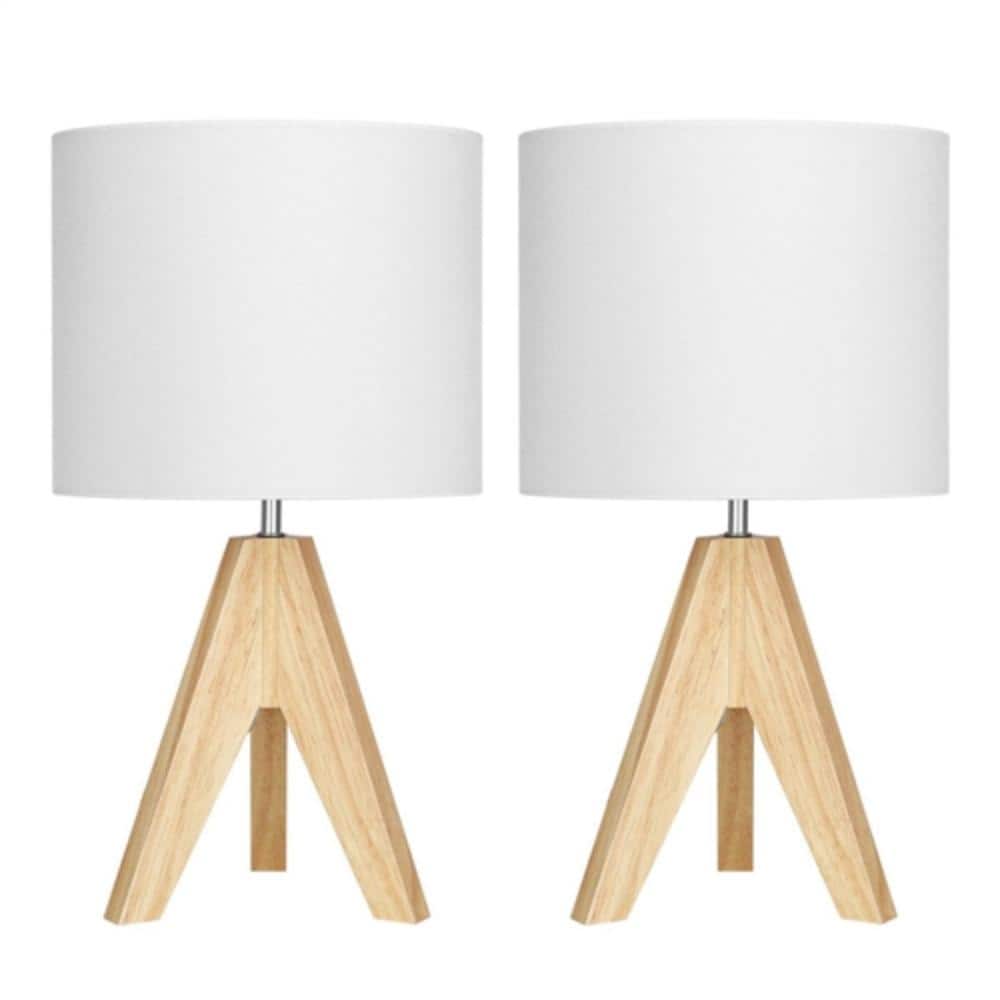 Hivvago - Set of 2 - Scandinavian Style Tripod Desk Lamp with Drum Shade - White Linen