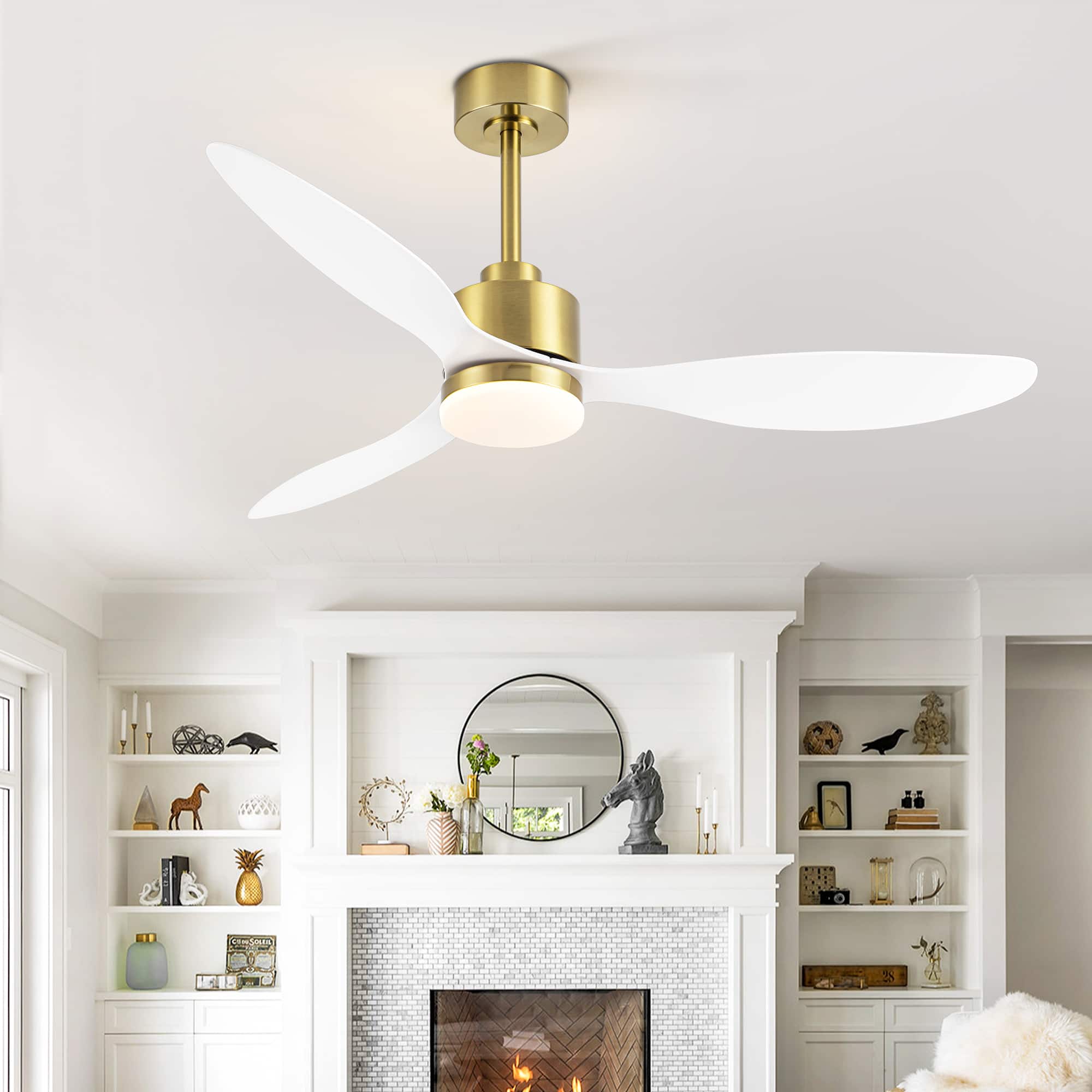 Front. Breezary - 52" Indoor Ceiling Fan, 3 ABS Blades, 6-Speed DC Motor, Remote Control, Memory/Timer, 3-Color LED Light, 5"/10" Downrods - Gold and White.
