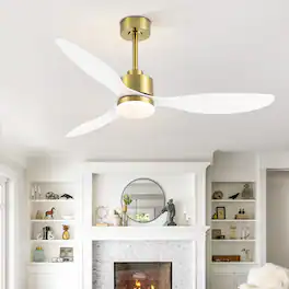 Breezary - 52" Indoor Ceiling Fan, 3 ABS Blades, 6-Speed DC Motor, Remote Control, Memory/Timer, 3-Color LED Light, 5"/10" Downrods - Gold and White