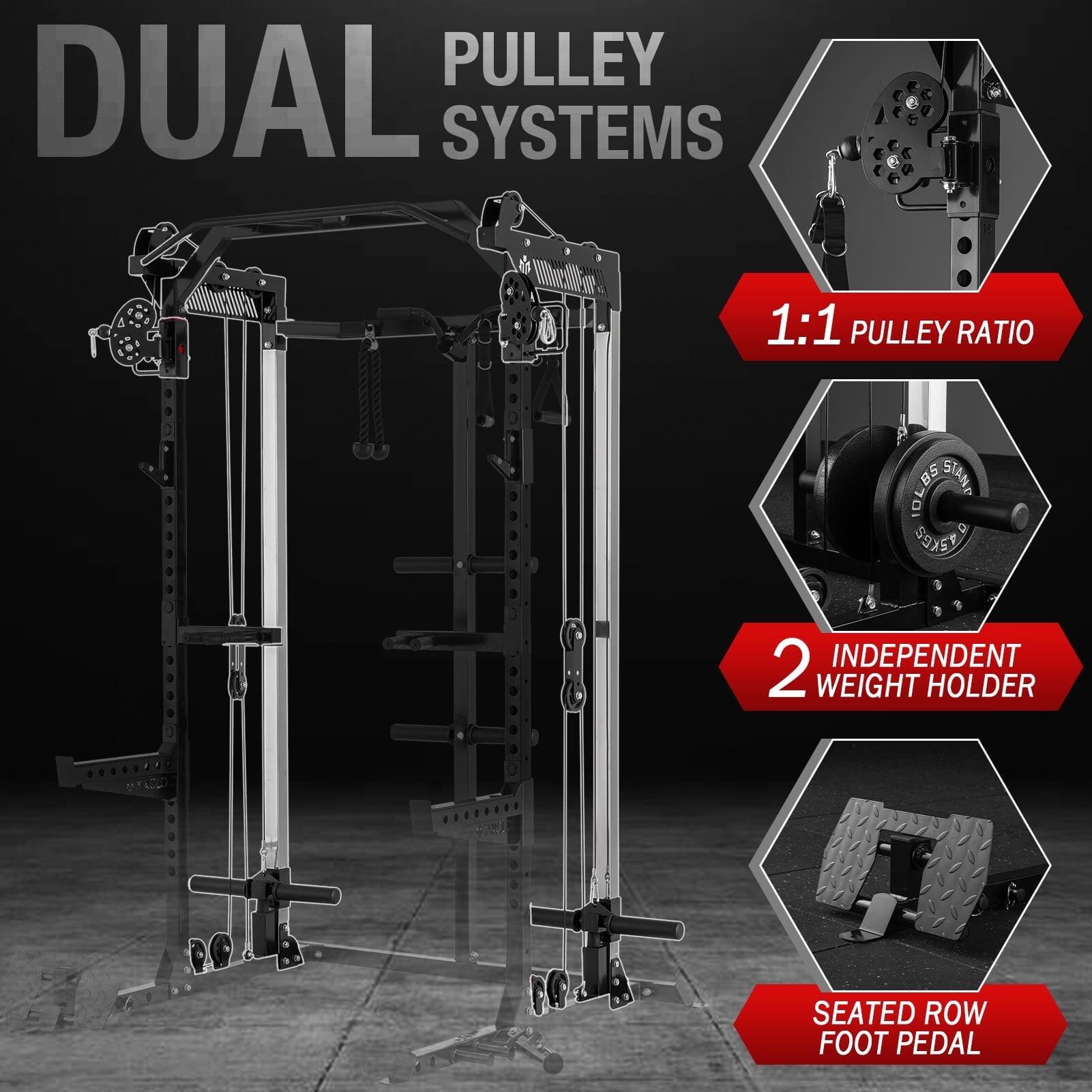 DUAL PULLEY SYSTEMS

1:1 PULLEY RATIO

2 INDEPENDENT WEIGHT HOLDER

SEATED ROW FOOT PEDAL
