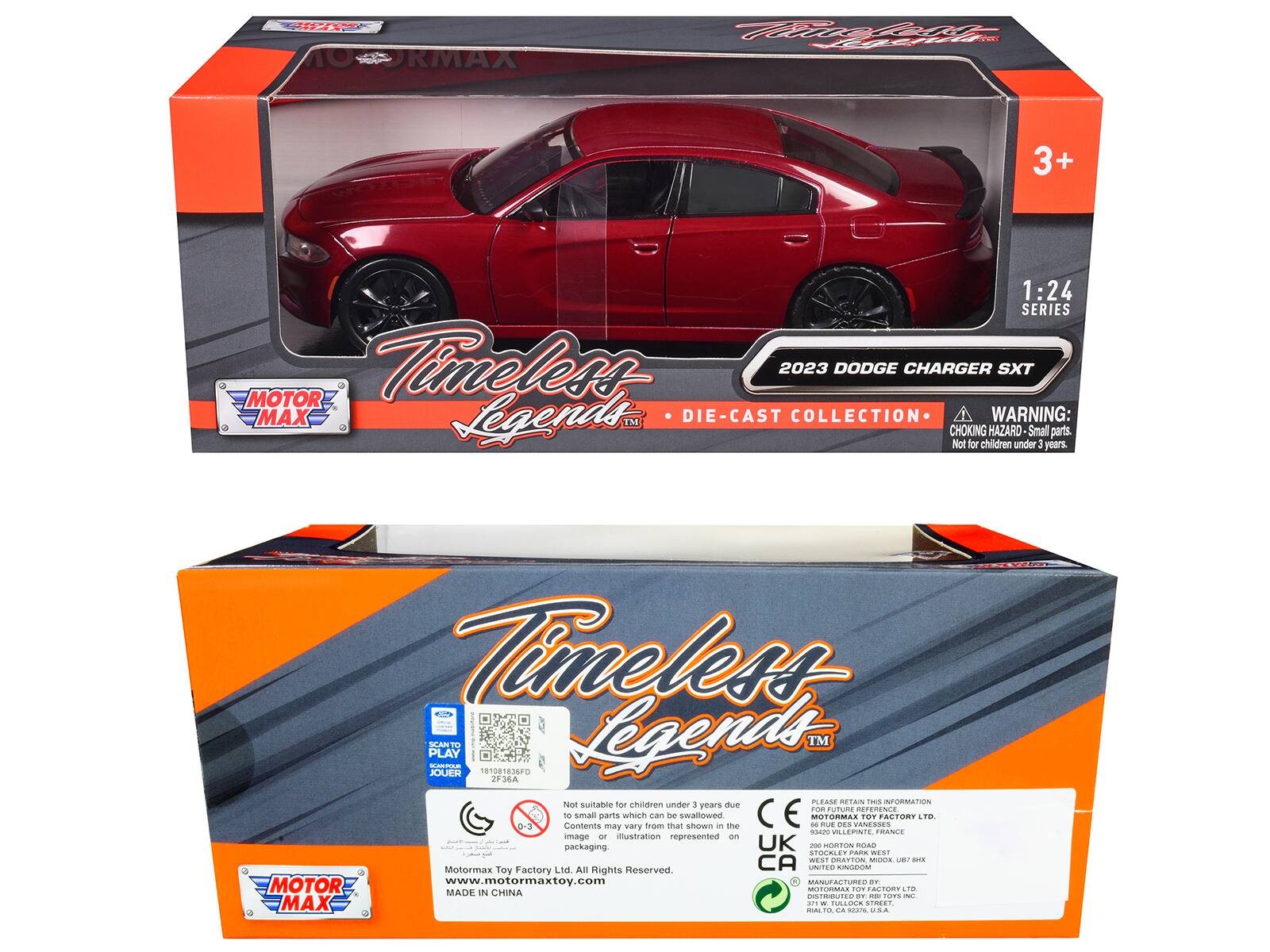 **Front Side:**

- ORMAX
- Timeless Legends™
- 2023 DODGE CHARGER SXT
- 1:24 SERIES
- DIE-CAST COLLECTION
- WARNING: CHOKING HAZARD Small parts. Not for children under 3 years.
- MOTOR MAX
- 3+
- SCANTO JOUER 181081836FD
- Legends™ F36A
- Not suitable for children under 3 years due to small parts which can be swallowed.
- Contents may vary from what is shown in the image or illustration represented on packaging.
- MotorMax Toy Factory Ltd. All Rights Reserved.
- www.motormaxtoy.com
- MADE IN CHINA

**Back Side:**

- Timeless Legends™
- 1:24 SERIES
- DODGE CHARGER SXT
- WARNING: CHOKING HAZARD Small parts. Not for children under 3 years.
- Not suitable for children under 3 years due to small parts which can be swallowed.
- Contents may vary from what is shown in the image or illustration represented on packaging.
- MotorMax Toy Factory Ltd. All Rights Reserved.
- www.m