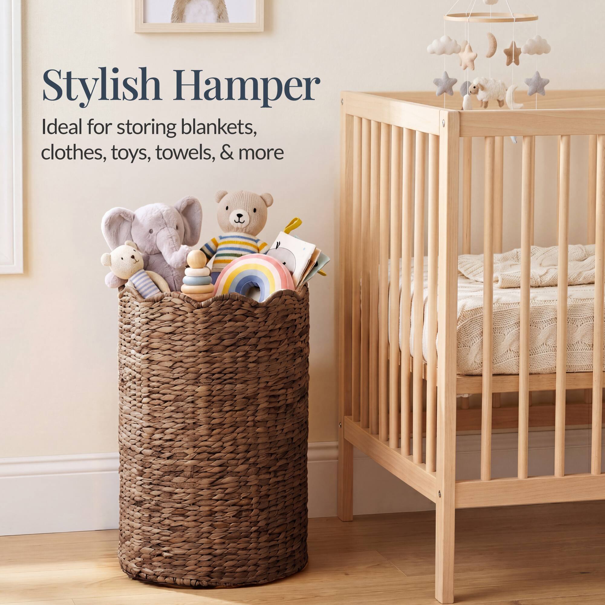 Stylish Hamper  
Ideal for storing blankets, clothes, toys, towels, & more
