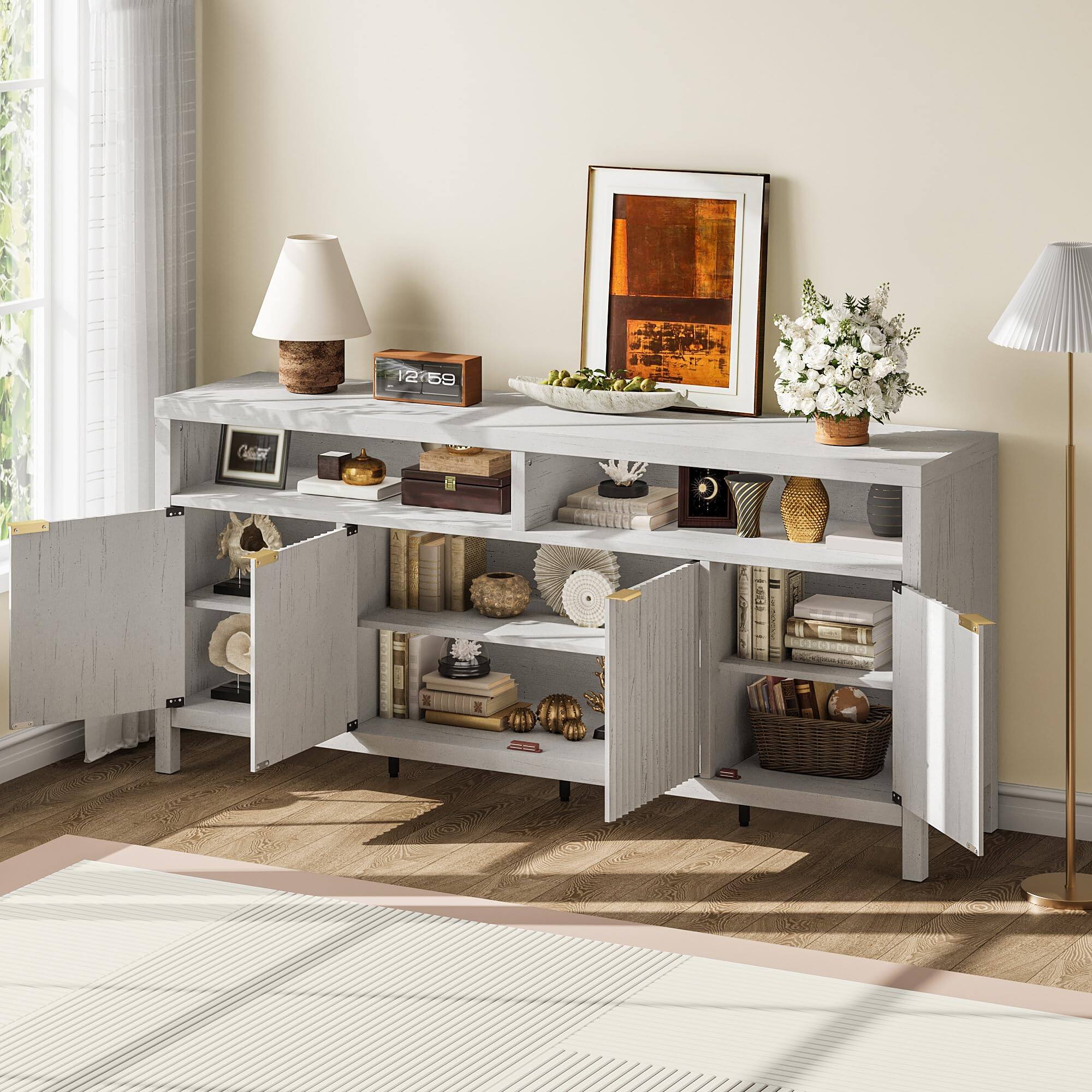 Back. Qeetex - 65.8" Fluted Sideboard Buffet Cabinet with 4 Adjustable Shelves, Modern Storage for Dining Room - White.