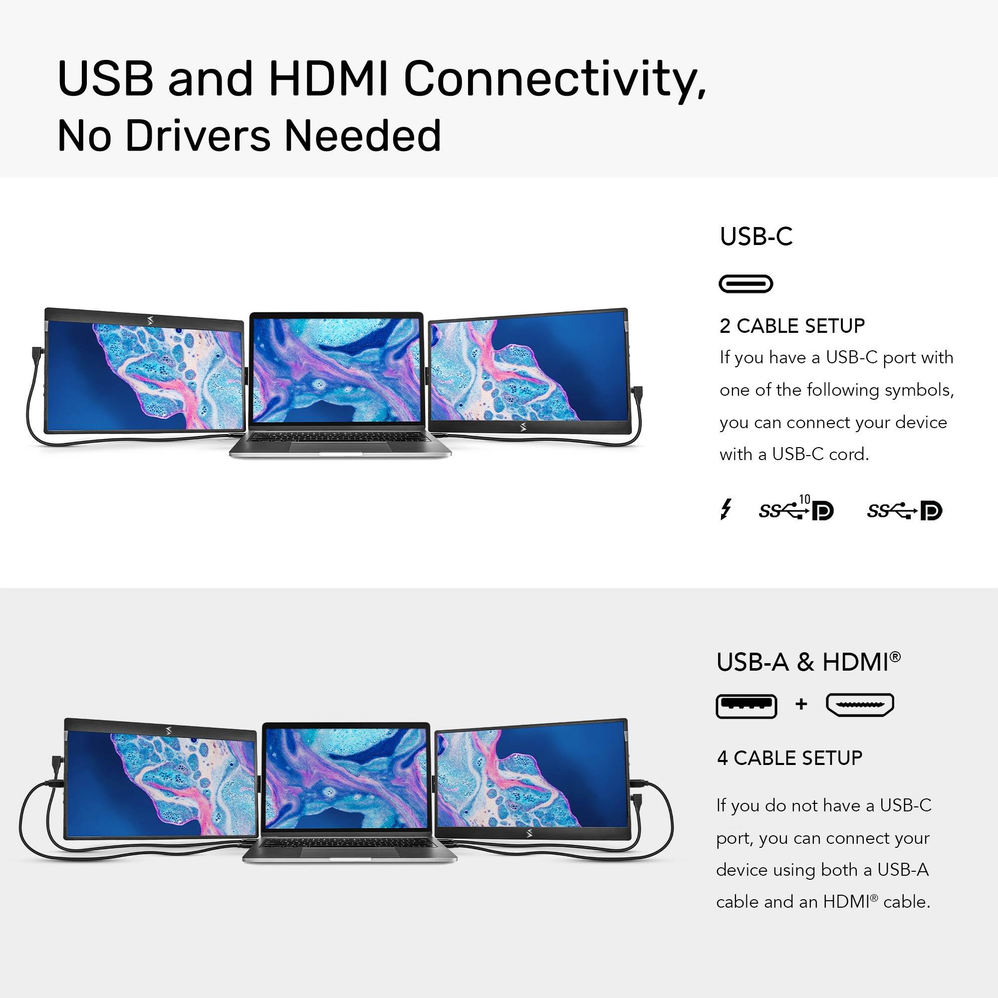 USB and HDMI Connectivity, No Drivers Needed

USB-C 2 Cable Setup: If you have a USB-C port with one of the following symbols, you can connect your device with a USB-C cord.

USB-A & HDMI + 4 Cable Setup: If you do not have a USB-C port, you can connect your device using both a USB-A cable and an HDMI cable.