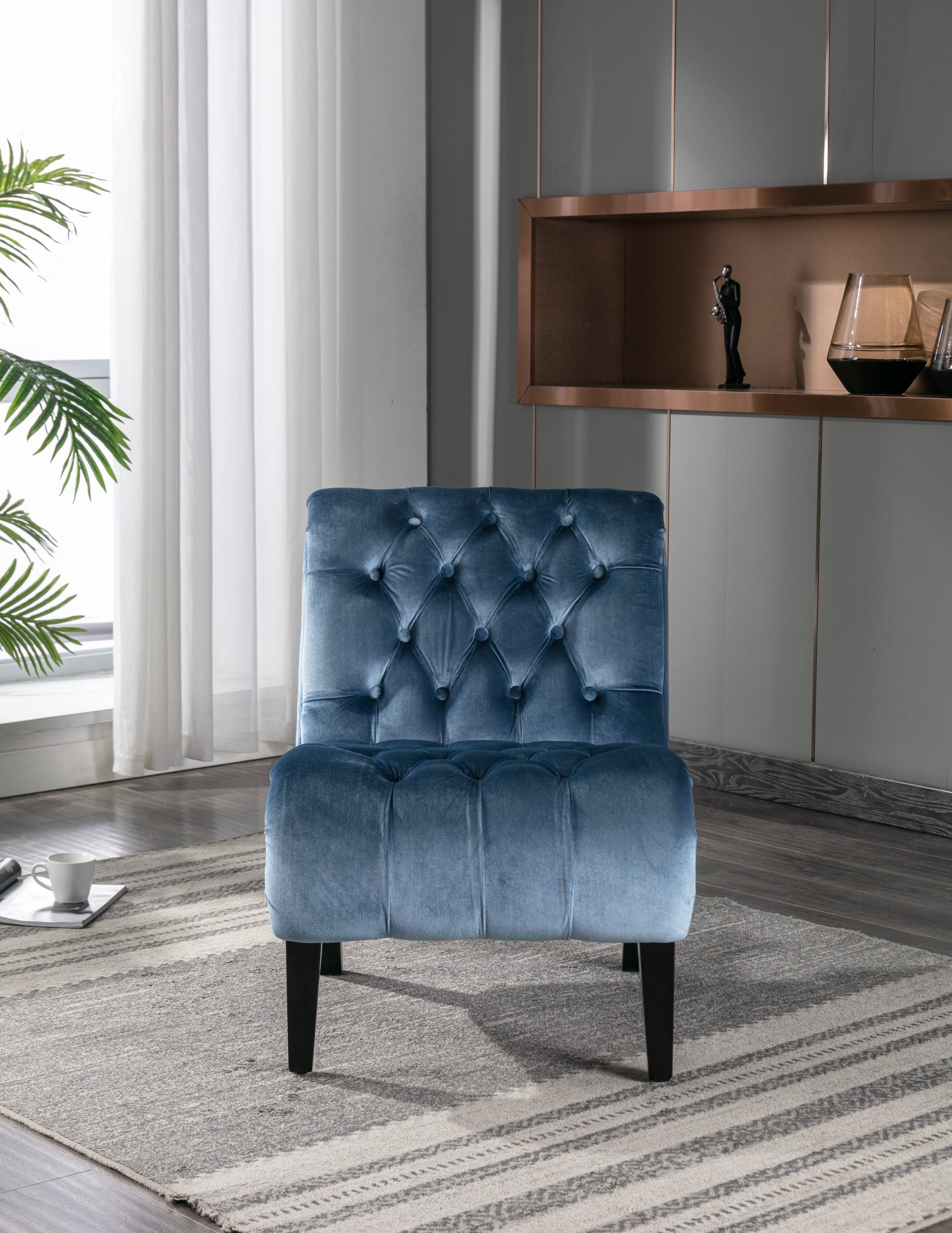 Left. Trinkets Crazed - Velvet Accent Lounge Chair for Living Room, Modern Leisure Chair with Tufted Backrest, Indoor Armless Side Chair - Light Blue.