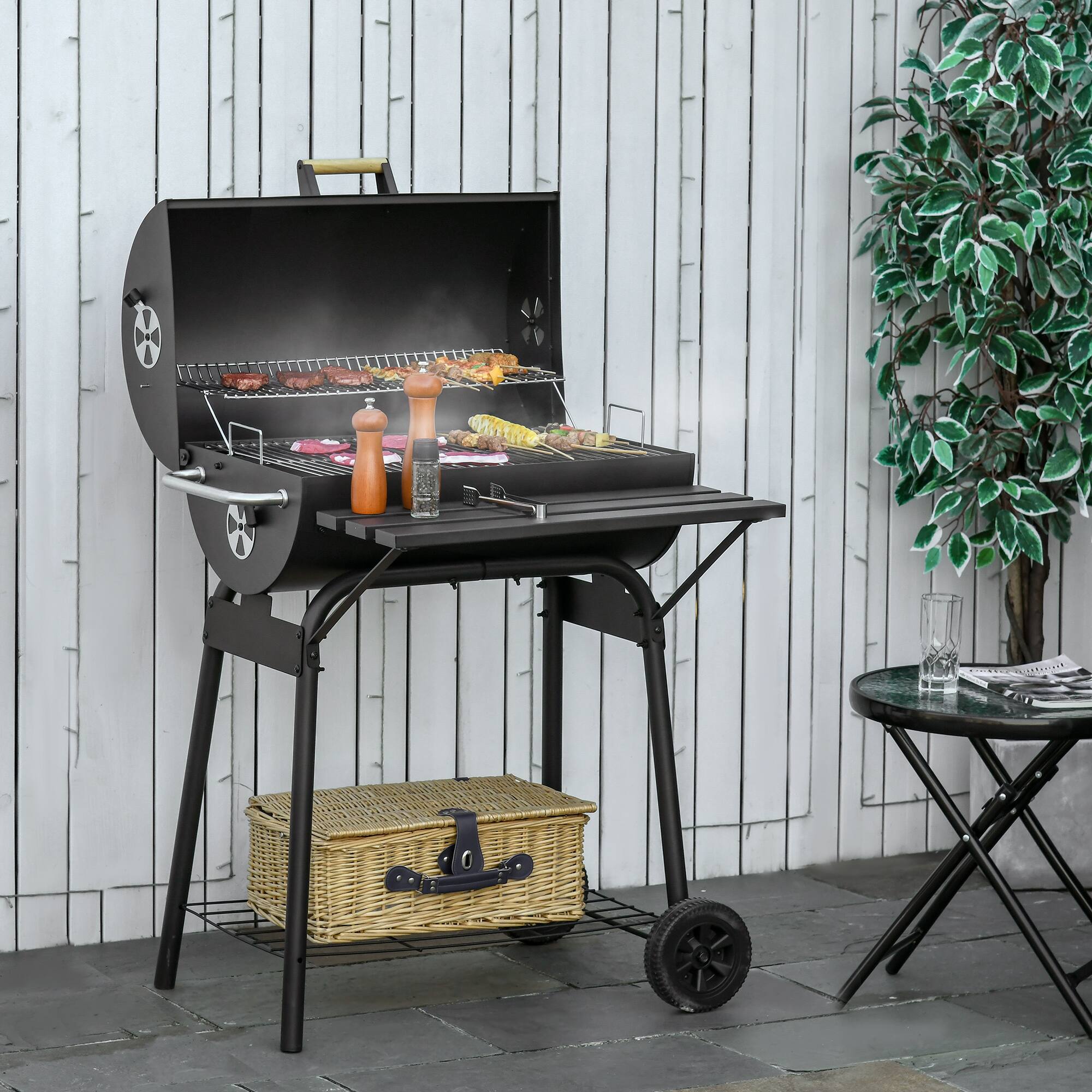 Outsunny - 30" Portable Barrel Charcoal BBQ Grill, Steel Outdoor Barbecue Smoker with 370 Square Inches Cooking Space - Black - Thumbnail 2