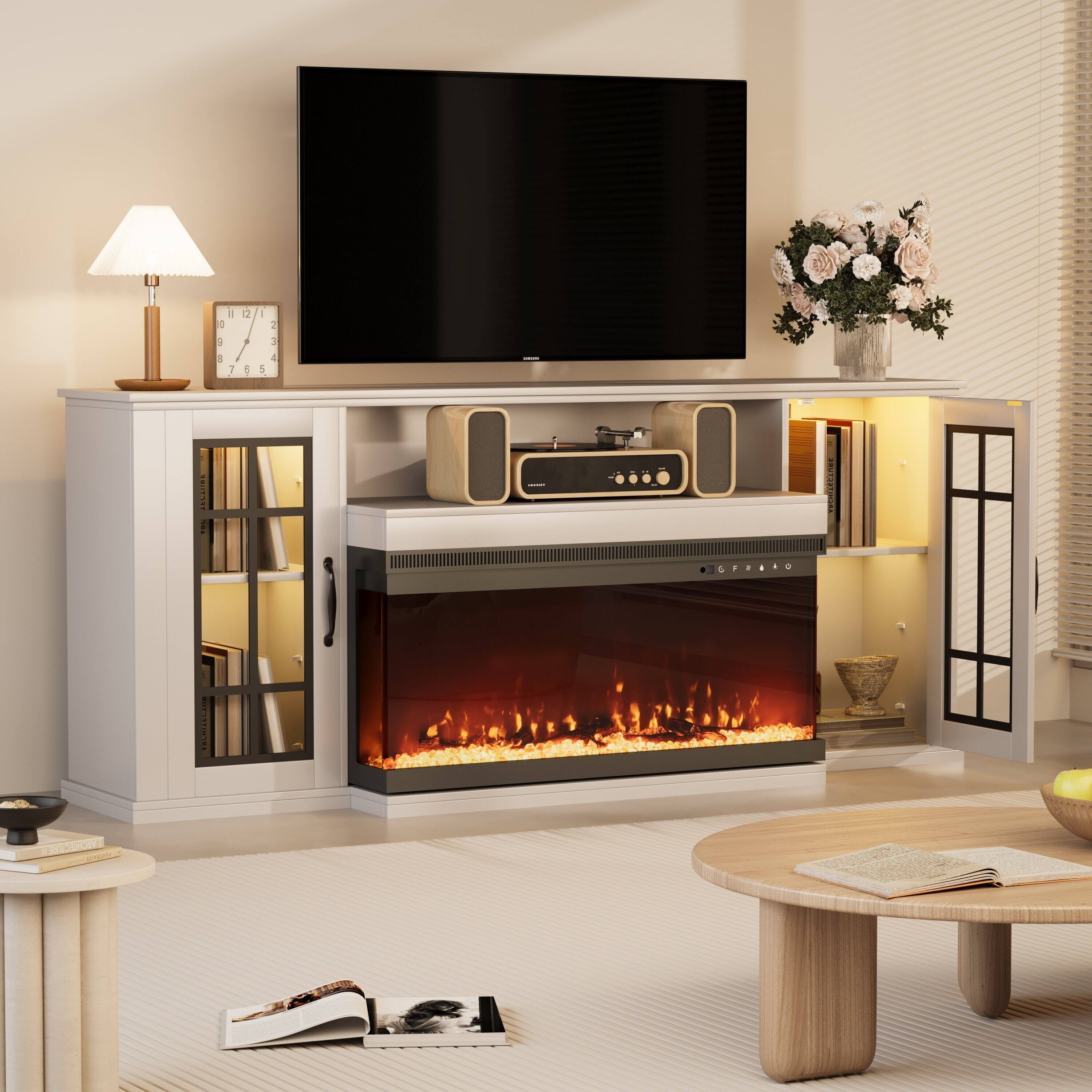 Left. U-HOMY - 70" Electric Fireplace TV Stand with 3-Sided Glass Fireplace, LED Light Entertainment Console - White.