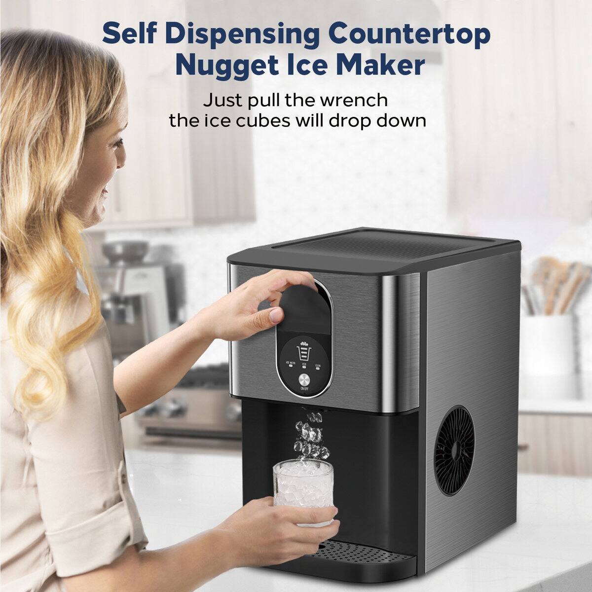 Self Dispensing Countertop Nugget Ice Maker  
Just pull the wrench the ice cubes will drop down