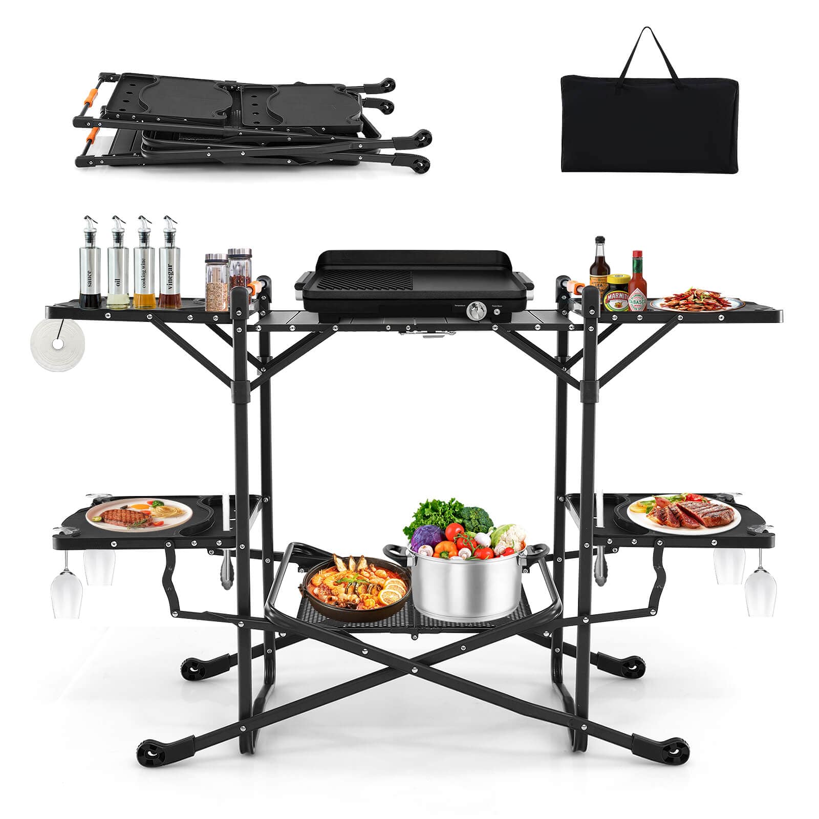 Front. Costway - Camping Kitchen Table Folding Portable Outdoor Cook Station w/ 4 Side Tables - Black.