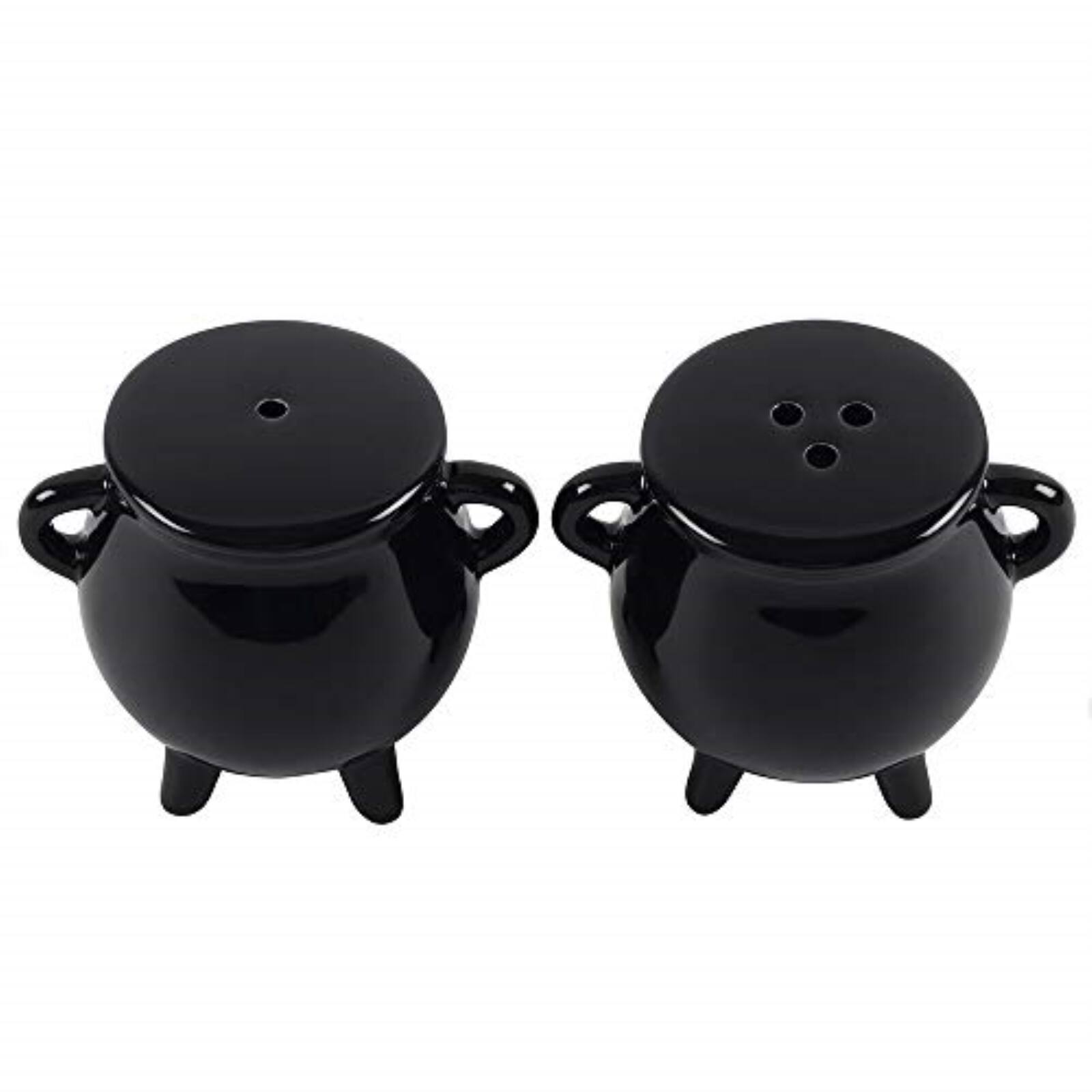 Left. Pacific Trading - Pacific Giftware Witches Brew Black Ceramic Cauldron Salt and Pepper Set - Black.