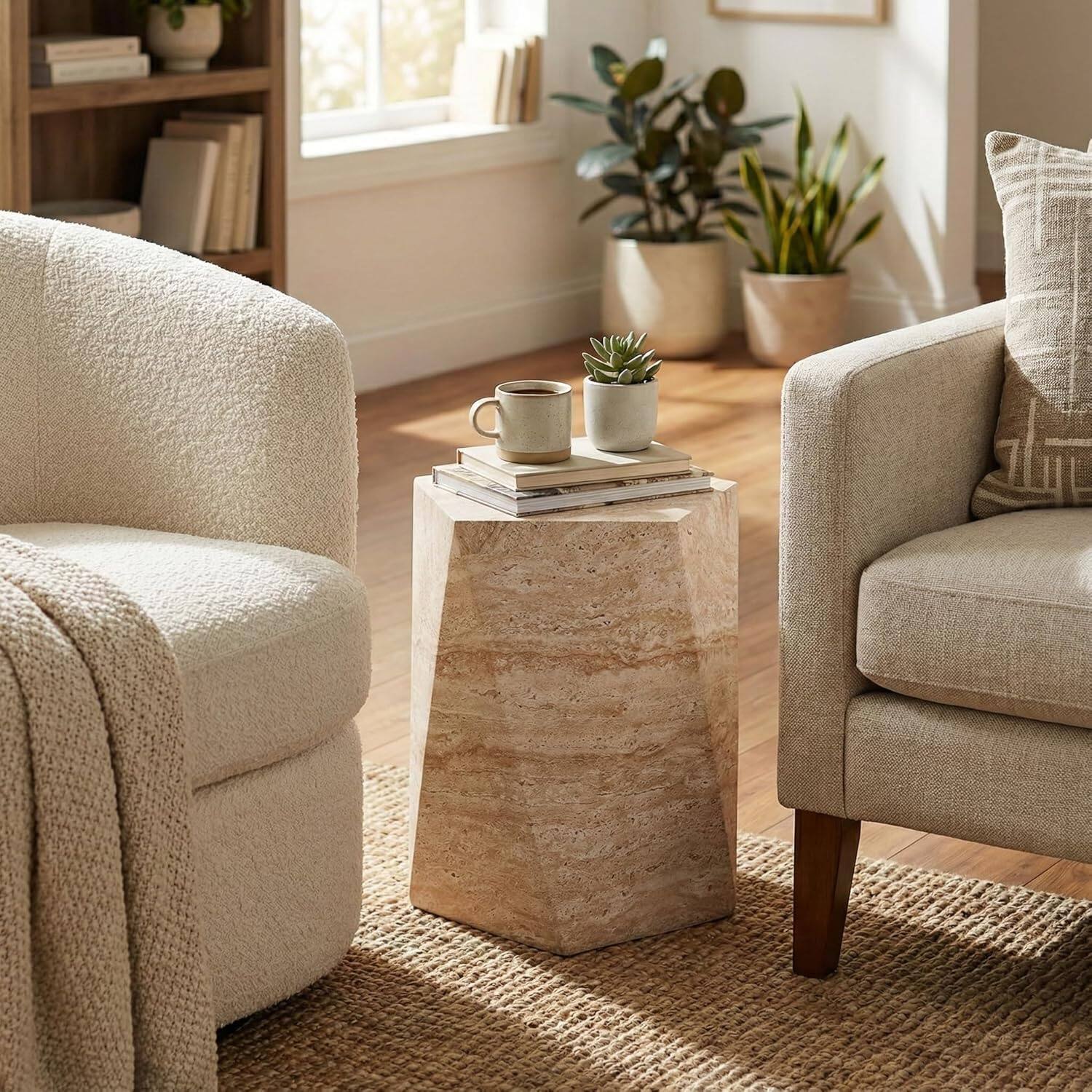 Left. LeisureMod - Nexovo Geometric Side Table, Multi-Faceted Fiberstone Modern Indoor/Outdoor Accent Table - No Assembly - Travertine.