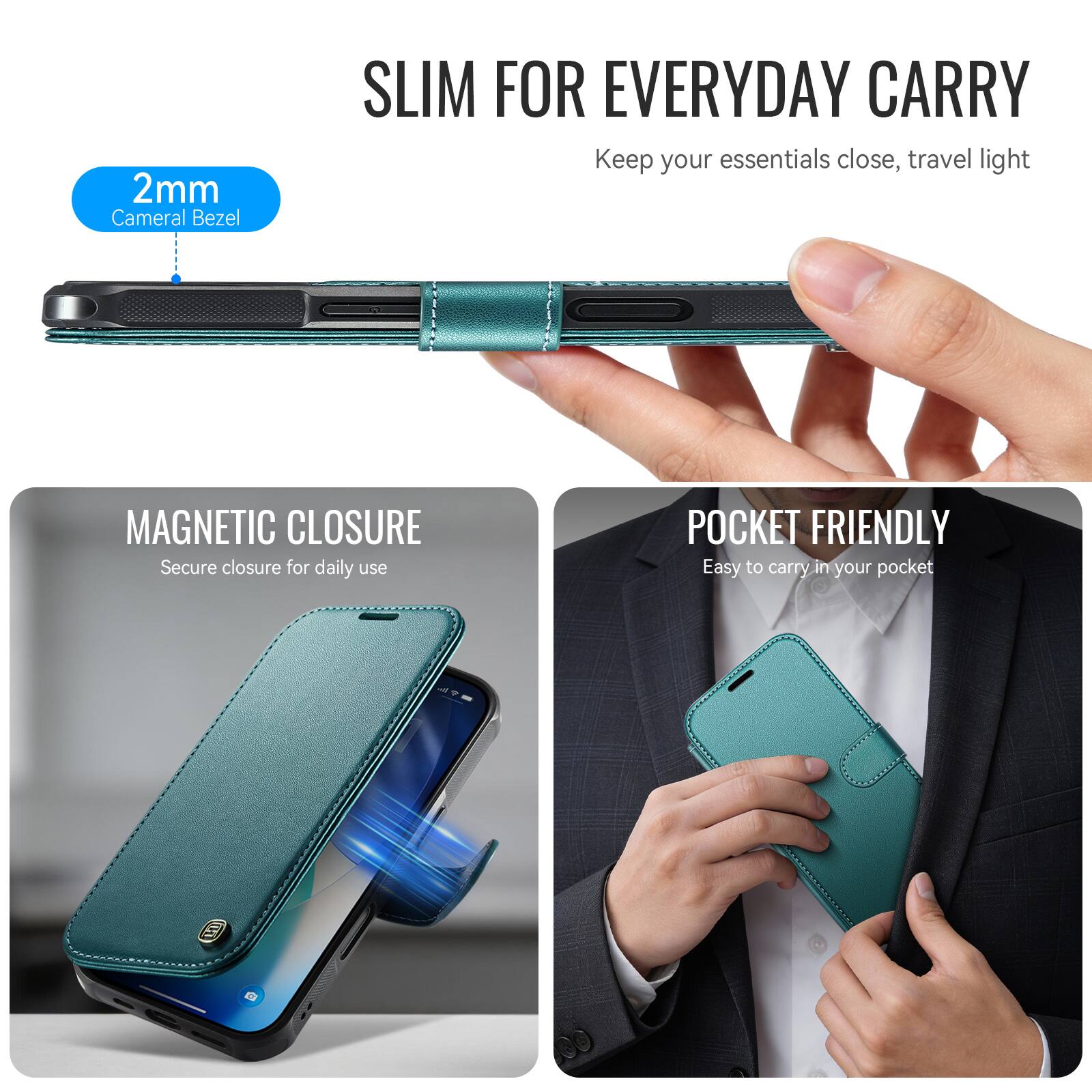 SLIM FOR EVERYDAY CARRY  
Keep your essentials close, travel light

2mm Cameral Bezel

MAGNETIC CLOSURE  
Secure closure for daily use

POCKET FRIENDLY  
Easy to carry in your pocket