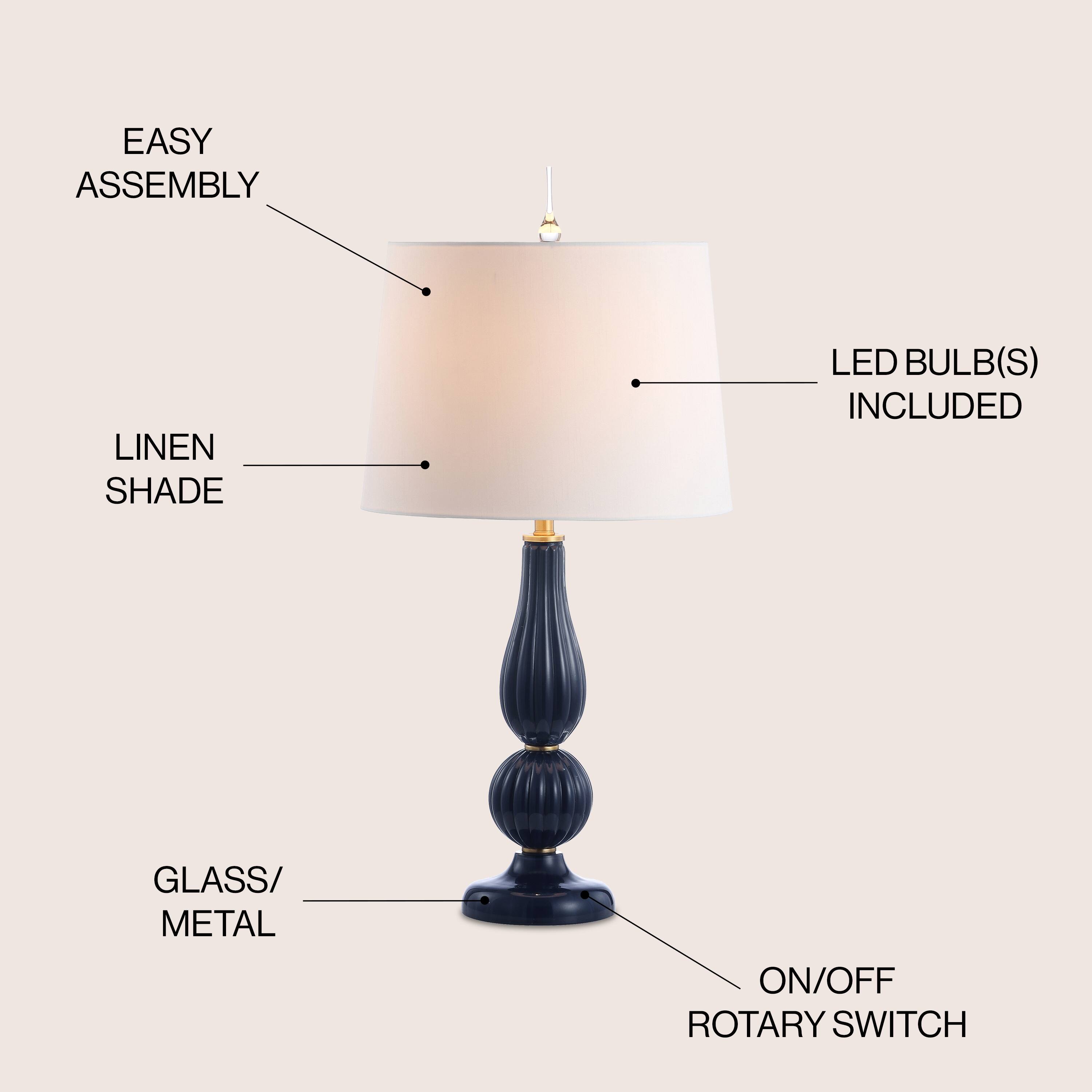 EASY ASSEMBLY  
LINEN SHADE  
LED BULB(S) INCLUDED  
GLASS/METAL  
ON/OFF ROTARY SWITCH