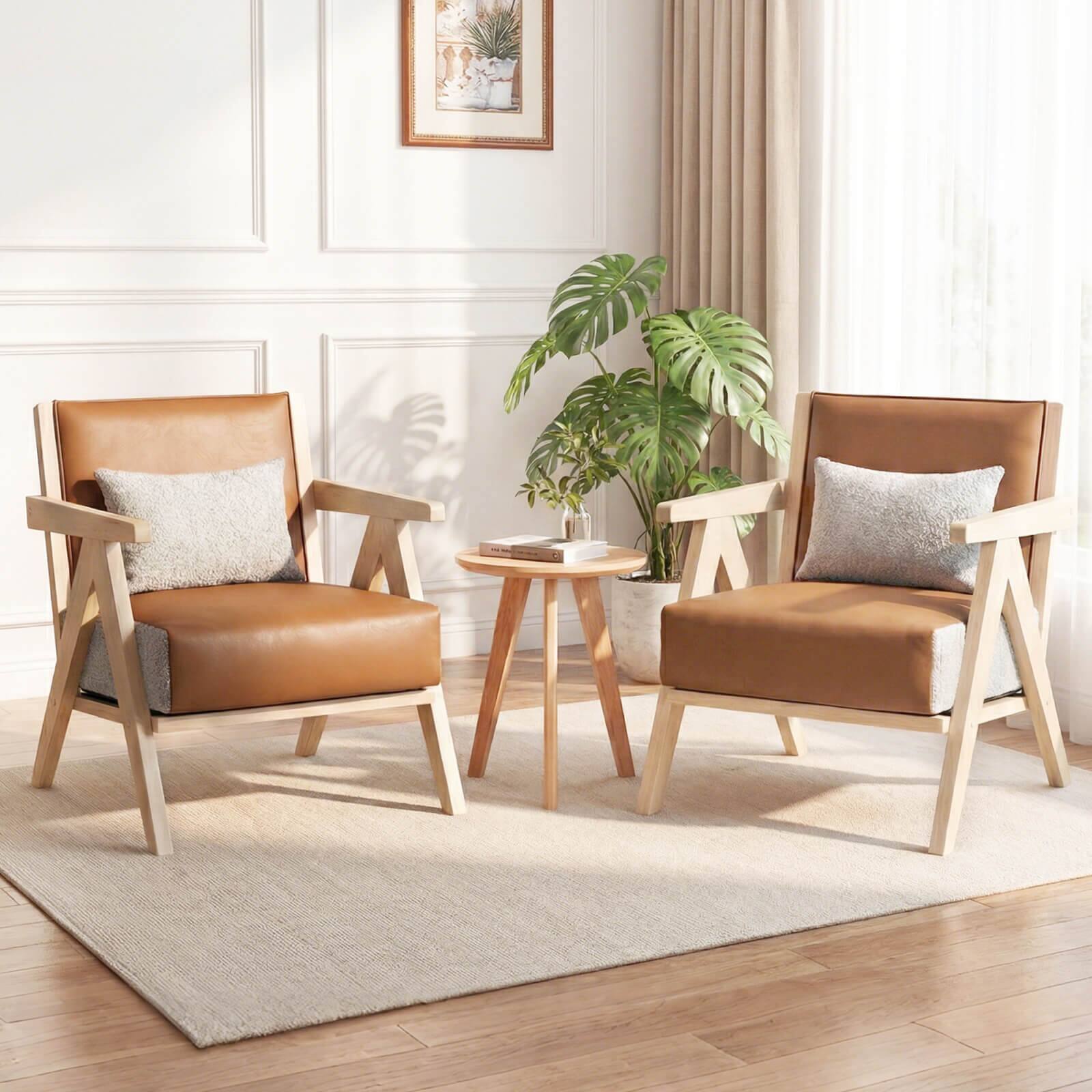 Alt View 3. Costway - Costway Mid-Century Modern Accent Chair Artificial Leather Sofa Chair with Backrest - Natural.