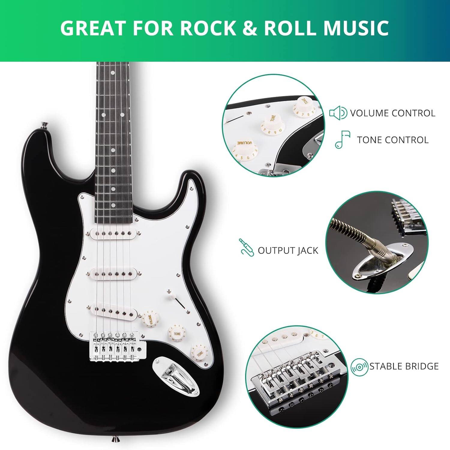 GREAT FOR ROCK & ROLL MUSIC

- VOLUME CONTROL
- TONE CONTROL
- OUTPUT JACK
- STABLE BRIDGE