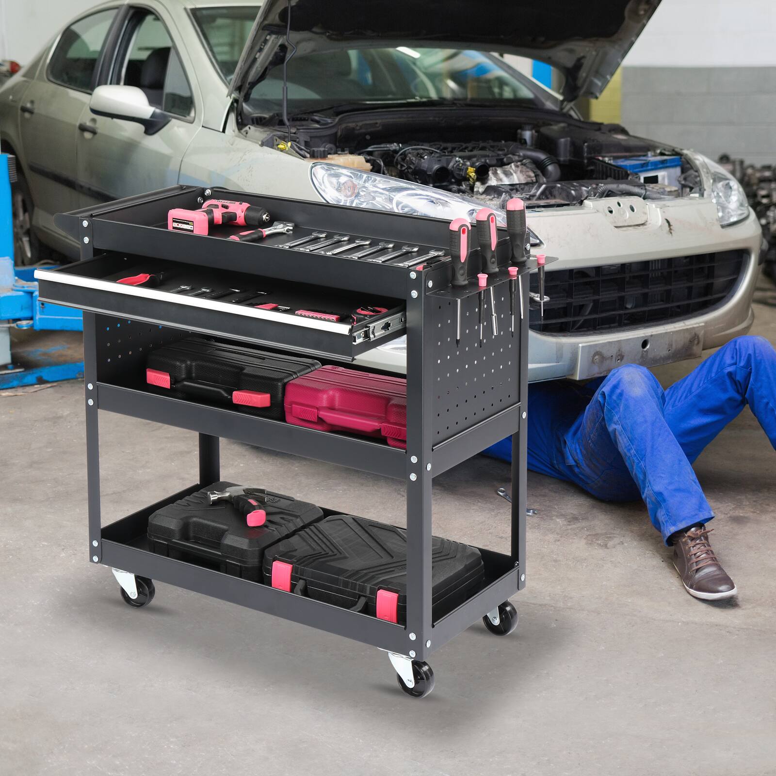 Alt View 1. Winado - 3 Tier Rolling Tool Cart Heavy Duty with Locking Wheels & Pegboard Sides &  Drawer & 4 Hooks for Garage and Workshop New - Black.