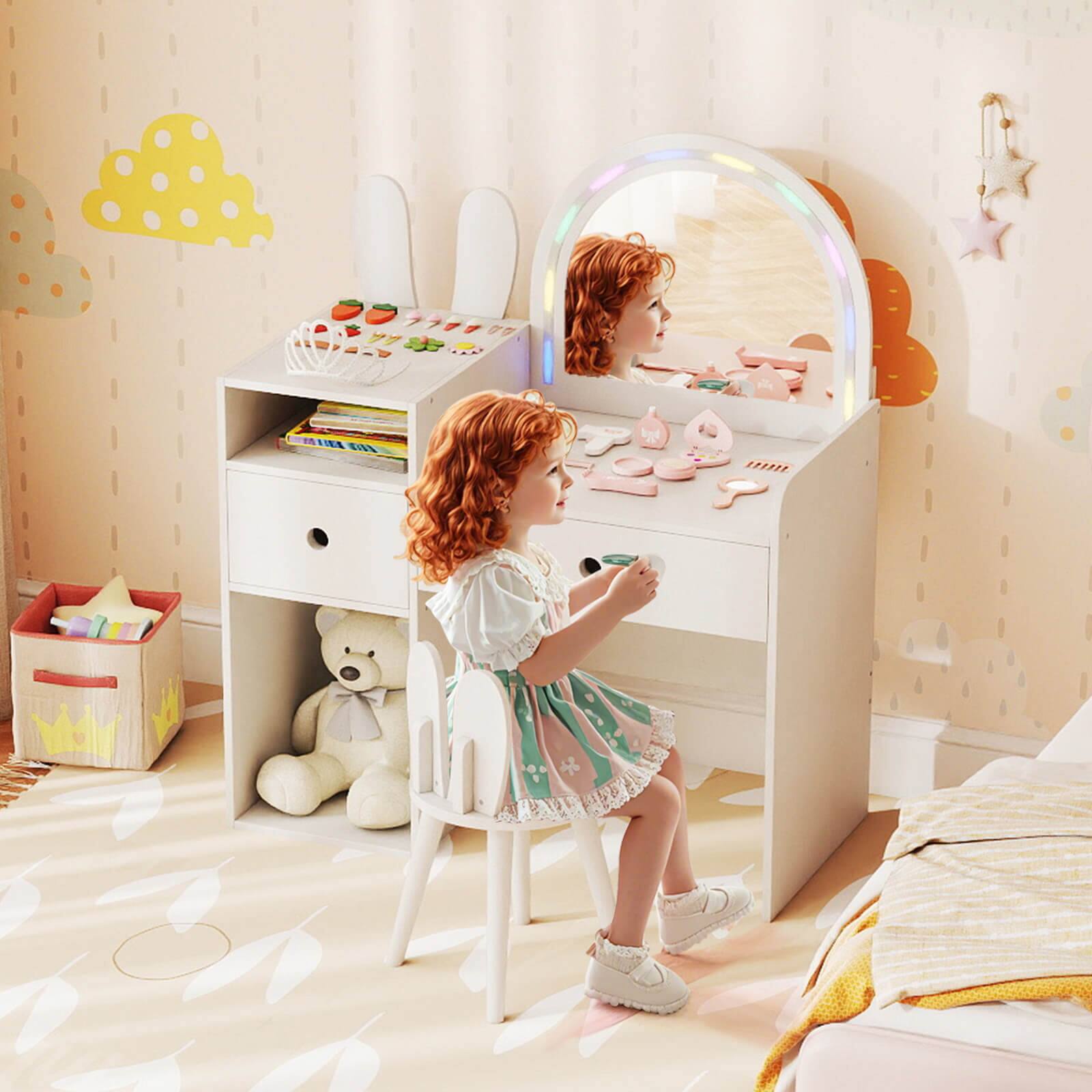 Alt View 1. Costway - Costway Princess Bunny Makeup Table with Lighted Mirror, Open Shelves and Storage Drawers - White.