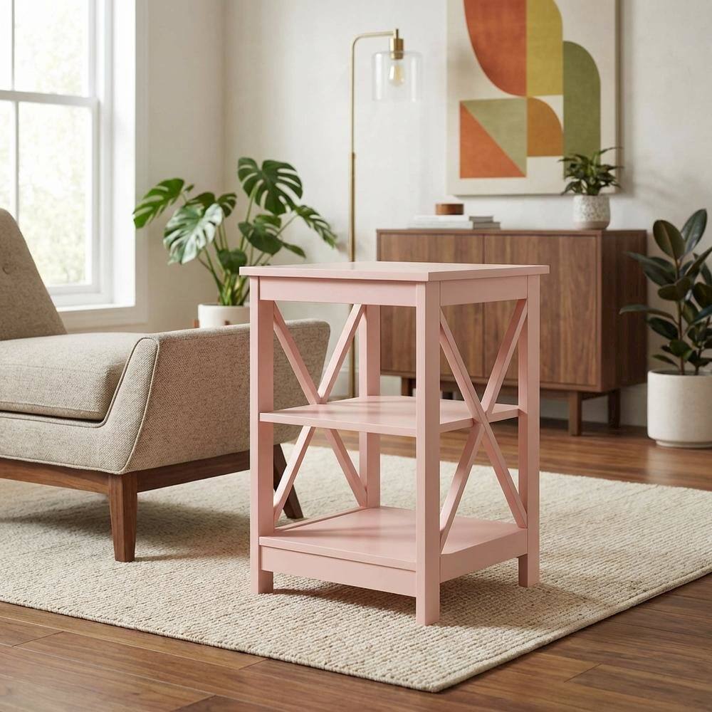Alt View 1. FurniFact - Blush Pink End Table with Shelves — Transitional Coastal Style for Living Room - Blush Pink.