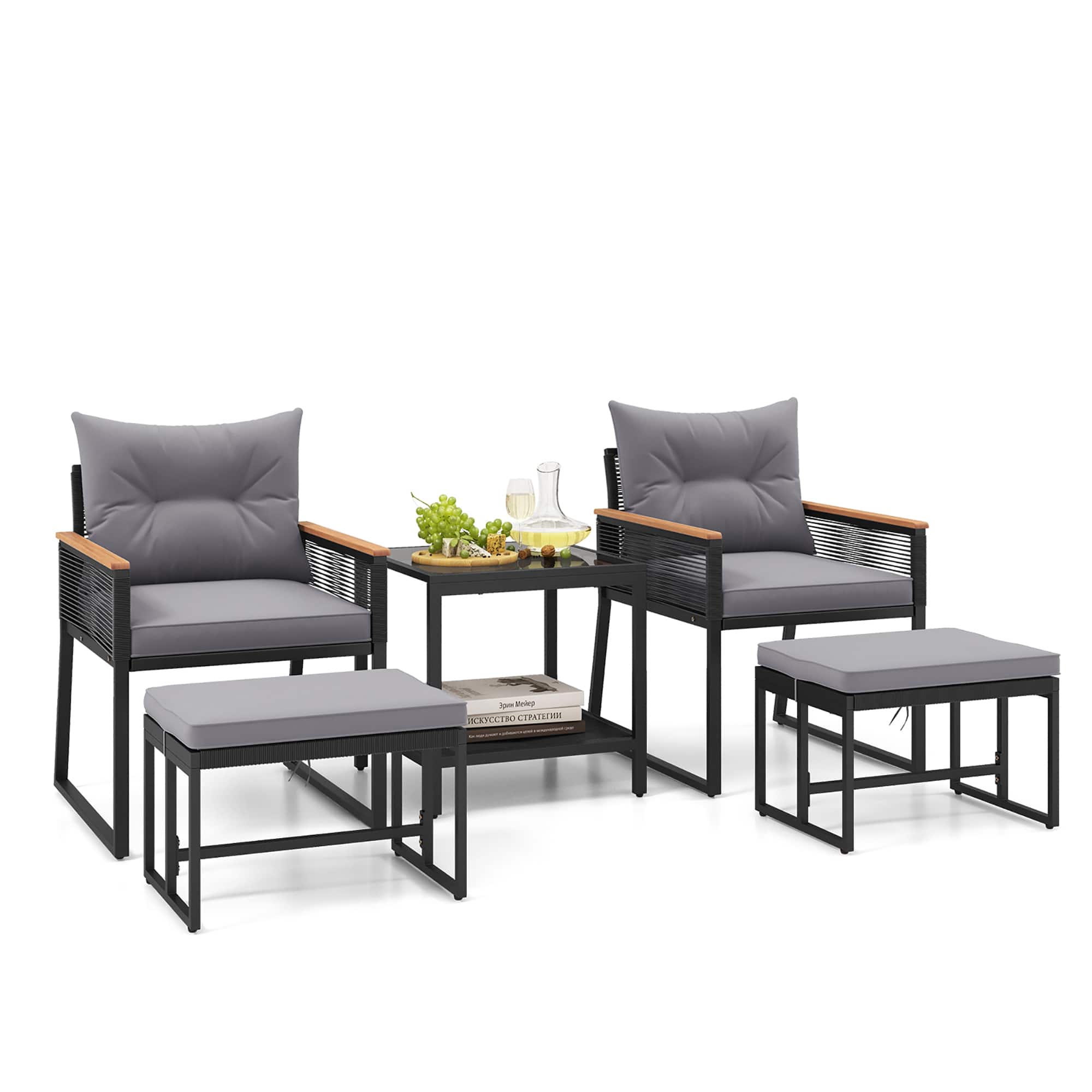 Gymax - 5 Piece Patio Conversation Set PE Rattan Wicker Chairs w/ 2 Ottomans Soft Cushions - Black/Gray price history on PriceWatchPro