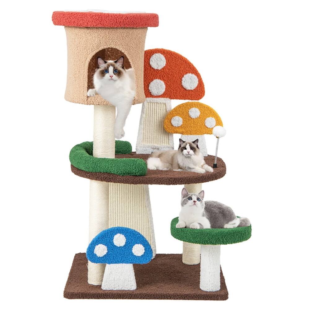 Front. Kadyn - Cat Tower, Cat Tree for Indoor Cats, 4-In-1 Mushroom Cat Tree with Condo Spring Ball and Sisal Posts-Multicolor - Red.