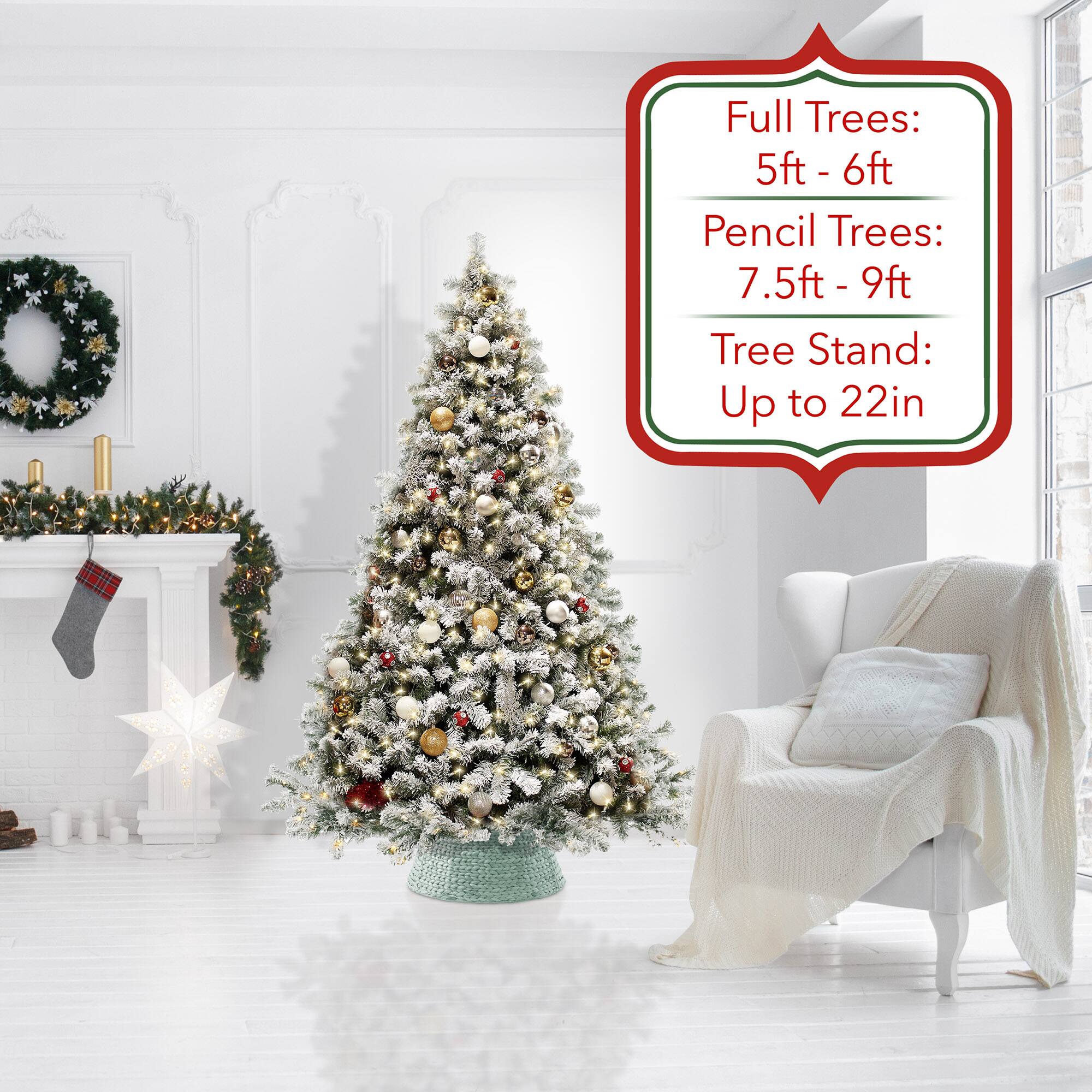 Full Trees: 5ft - 6ft  
Pencil Trees: 7.5ft - 9ft  
Tree Stand: Up to 22in