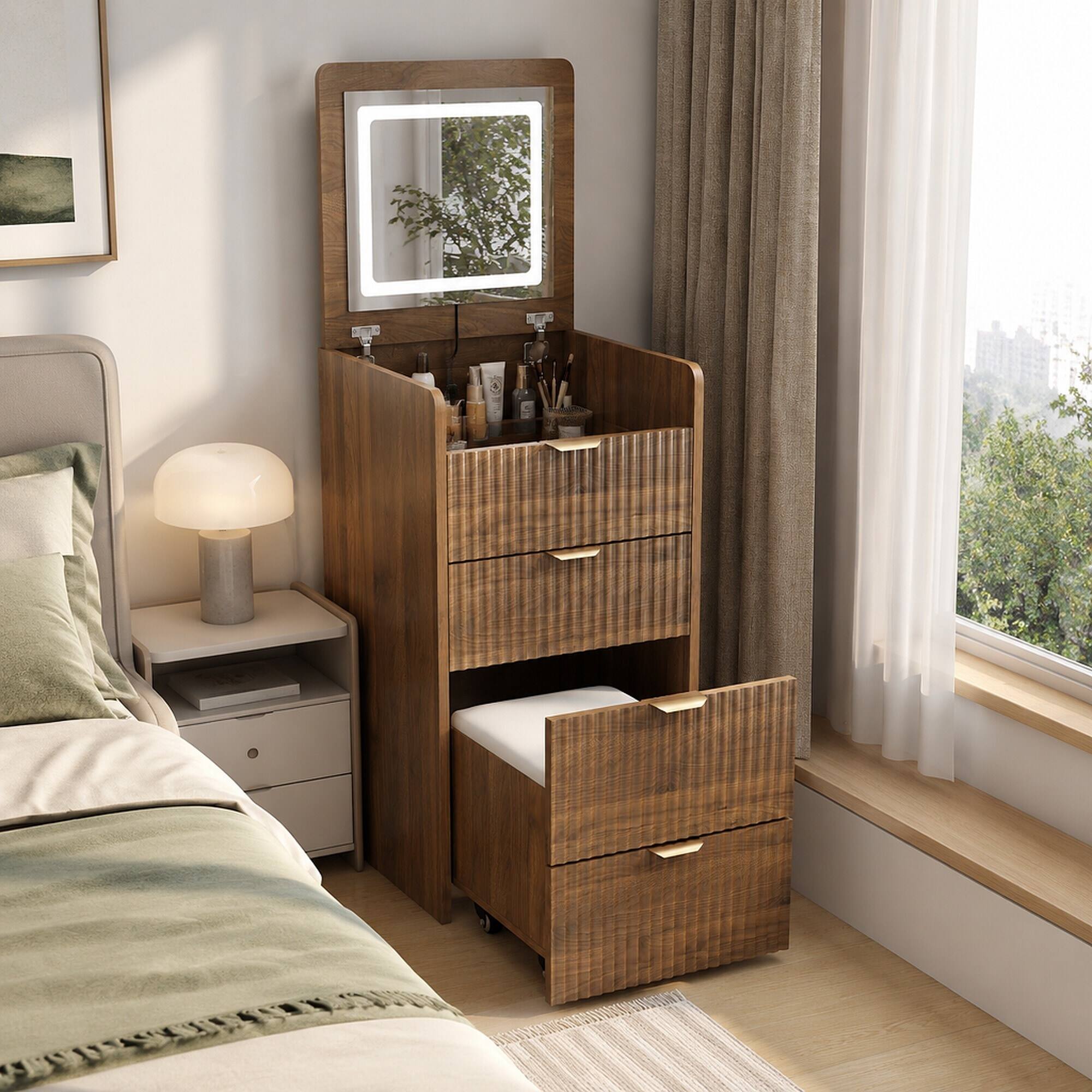 Back. RYHNUYNE - 3 in 1 Vanity Desk, Flip Top Mirror with Lights, 3 Drawers, Rolling Stool, Walnut Makeup Table - Walnut.
