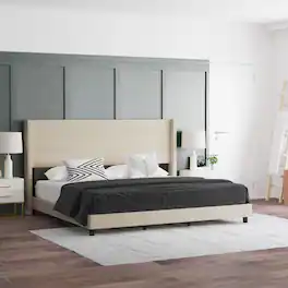 Emma + Oliver - Upholstered Platform Bed with Wingback Headboard - Beige