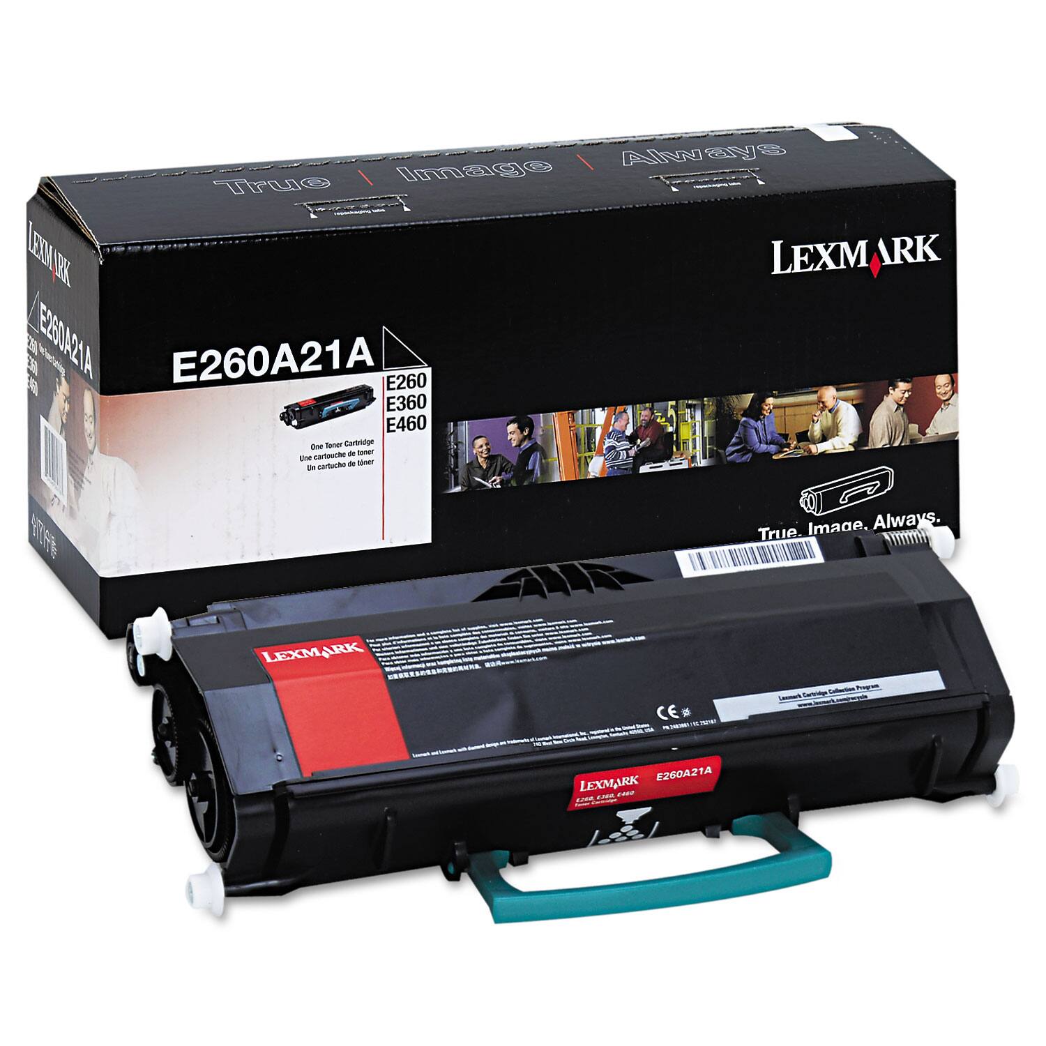 Sure, here is the corrected and grouped text from the image:

---

**Box:**
- True Image. Always.
- LEXMARK
- E260A21A
- E260 E360 E460
- One Toner Cartridge
- Une Cartouche de toner
- Un cartucho de tóner
- True Image. Always.
- LEXMARK

**Toner Cartridge:**
- LEXMARK
- E260A21A
- LEXMARK Consumable Cartridge
- CE
- LEXMARK
- E260A21A

**Additional Text:**
- Nunar Cartridge
- sonar
- Moer
- Image
- Always
- True
- LEXM IRK CE
- Pog
- E260A21A
- LEXMARK

---