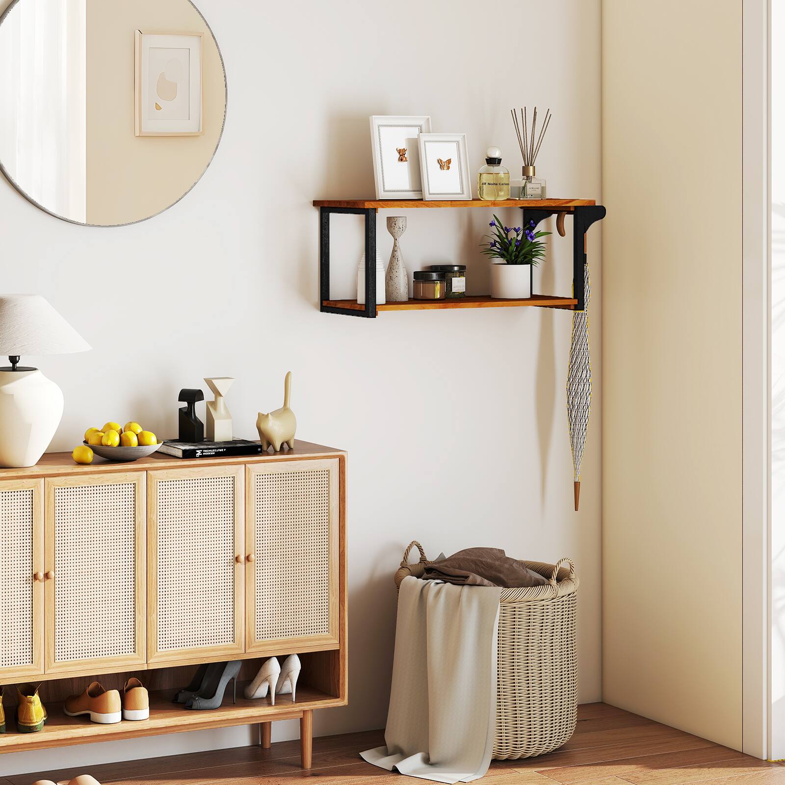 Alt View 4. Gymax - Gymax 40.5'' Long 2-Tier Storage Rack w/ Towel Bar Wall Mounted Floating Shelves - Brown.