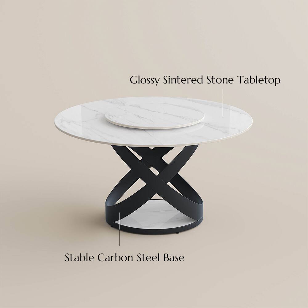 Glossy Sintered Stone Tabletop  
Stable Carbon Steel Base