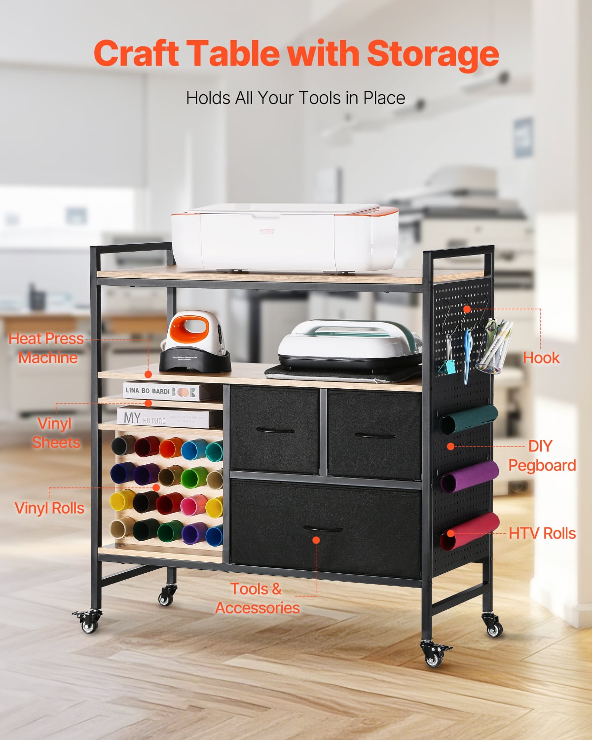 Craft Table with Storage
Holds All Your Tools in Place
- Heat Press Machine
- Vinyl Sheets
- Vinyl Rolls
- Tools & Accessories
- Hook
- DIY Pegboard
- HTV Rolls
LINA BO BARDI
MY FUTURE