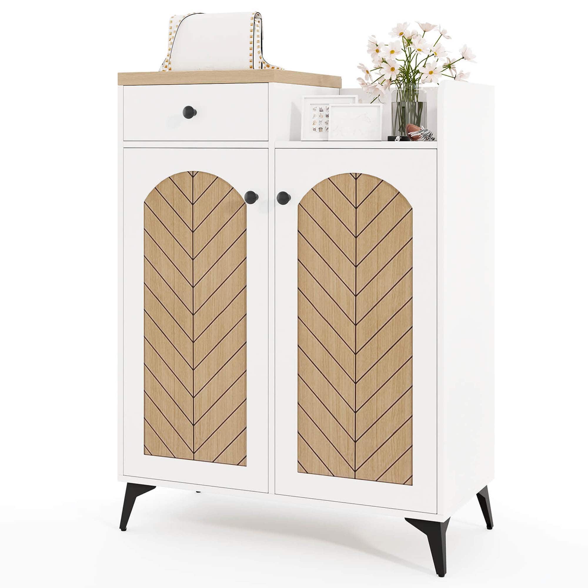 Costway - 6-Tier Shoe Cabinet with Drawer 6 Removable Shelves Ventilation Openings Metal Legs - White & Natural