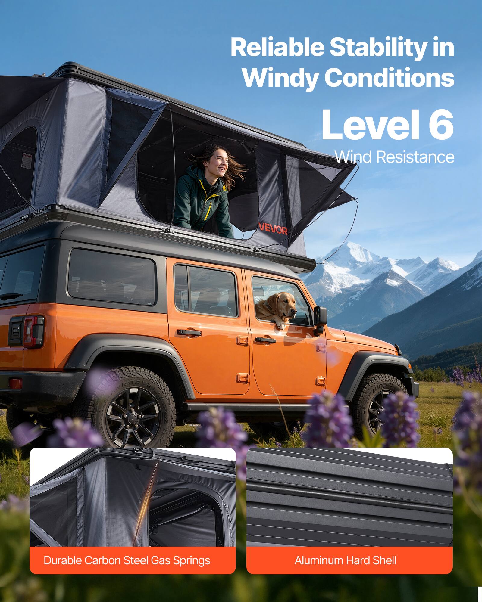 Reliable Stability in Windy Conditions  
Level 6  
Wind Resistance  

VEVOR RA  

Durable Carbon Steel Gas Springs  
Aluminum Hard Shell