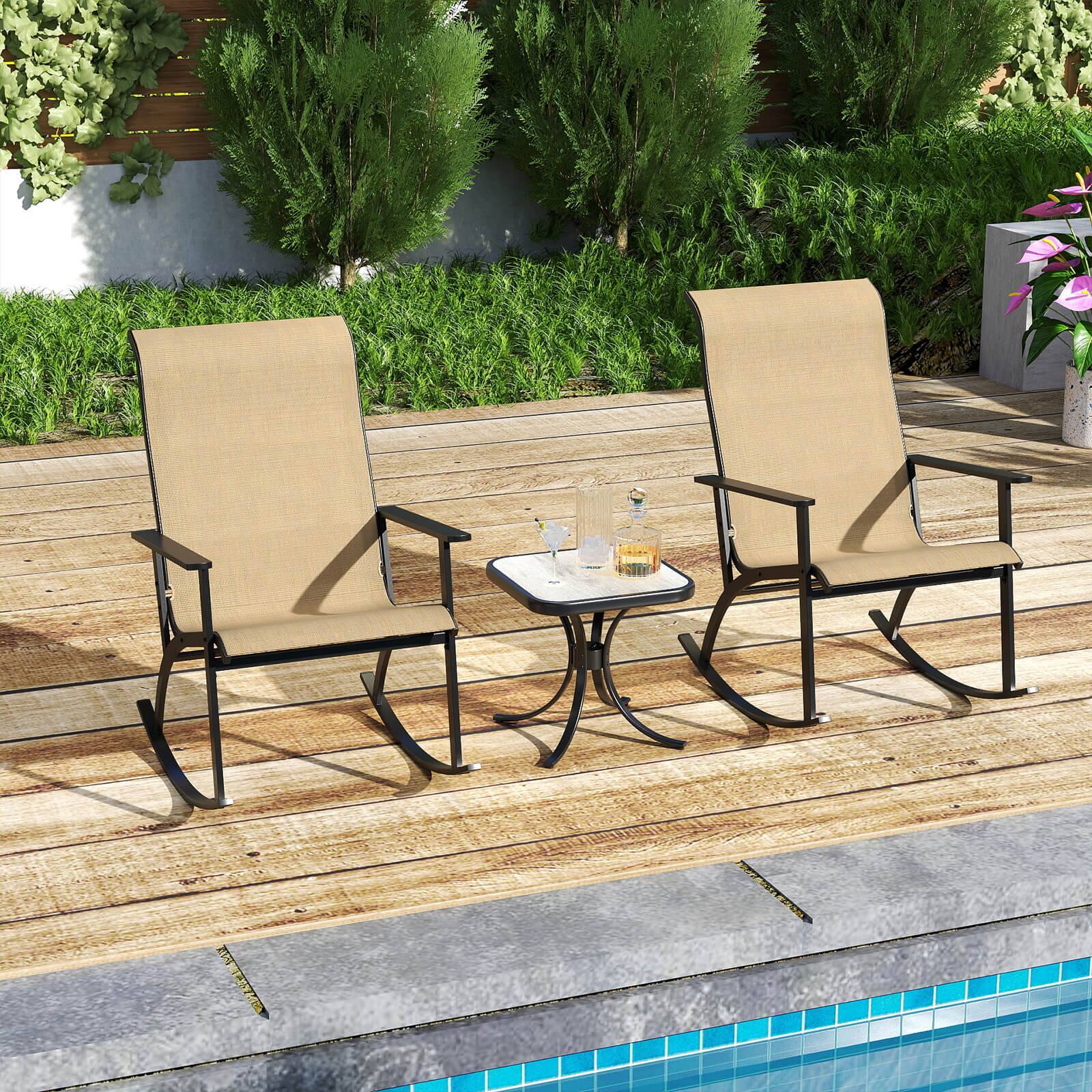 Alt View 4. Costway - Costway 3 PCS Patio Rocker Set with High Backrest & Wood-Plastic Tabletop Coffee Table - Brown.