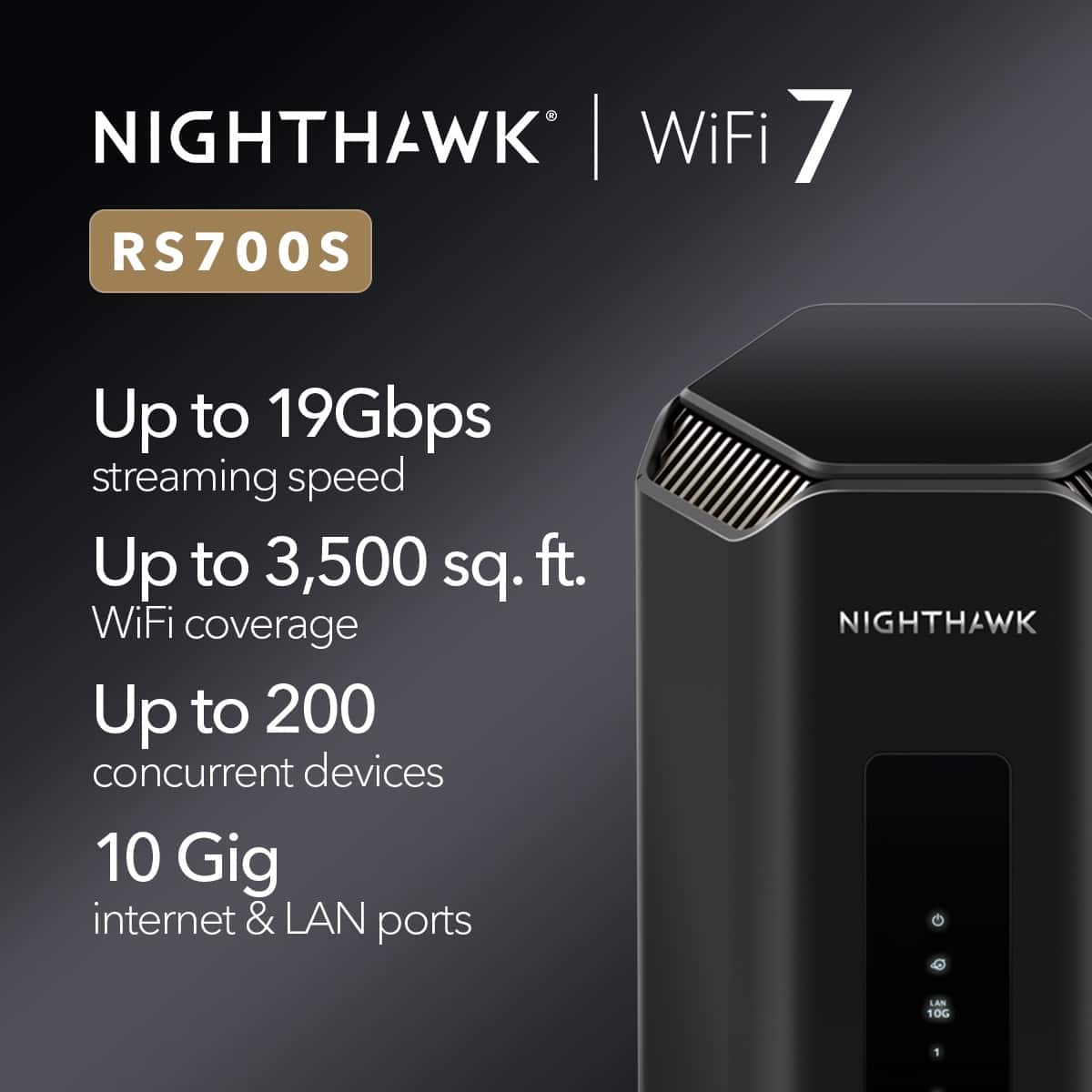 NIGHTHAWK | WiFi 7 RS700S Up to 19Gbps streaming speed Up to 3,500 sq. ft. WiFi coverage Up to 200 concurrent devices 10 Gig internet & LAN ports NIGHTHAWK LAN 10G 1