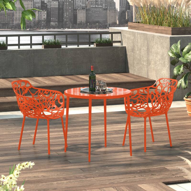 Angle. LeisureMod - Set of 2 Devon Aluminum Dining Chair with UV-Protected Aluminum Frame Floral Cutout Design for Indoor Outdoor - Orange.