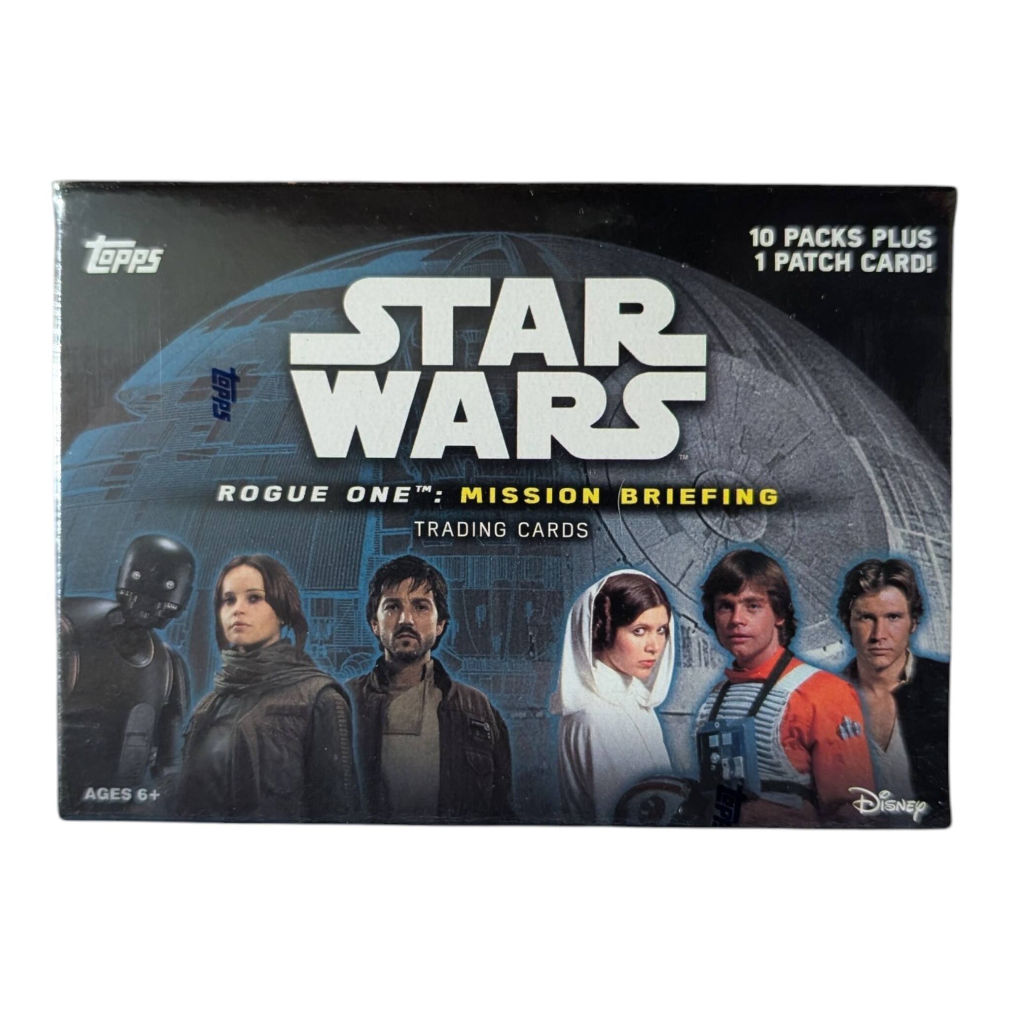 10 PACKS PLUS 1 PATCH CARD!  
STAR WARS ROGUE ONE: MISSION BRIEFING TRADING CARDS  
AGES 6+  
Disney