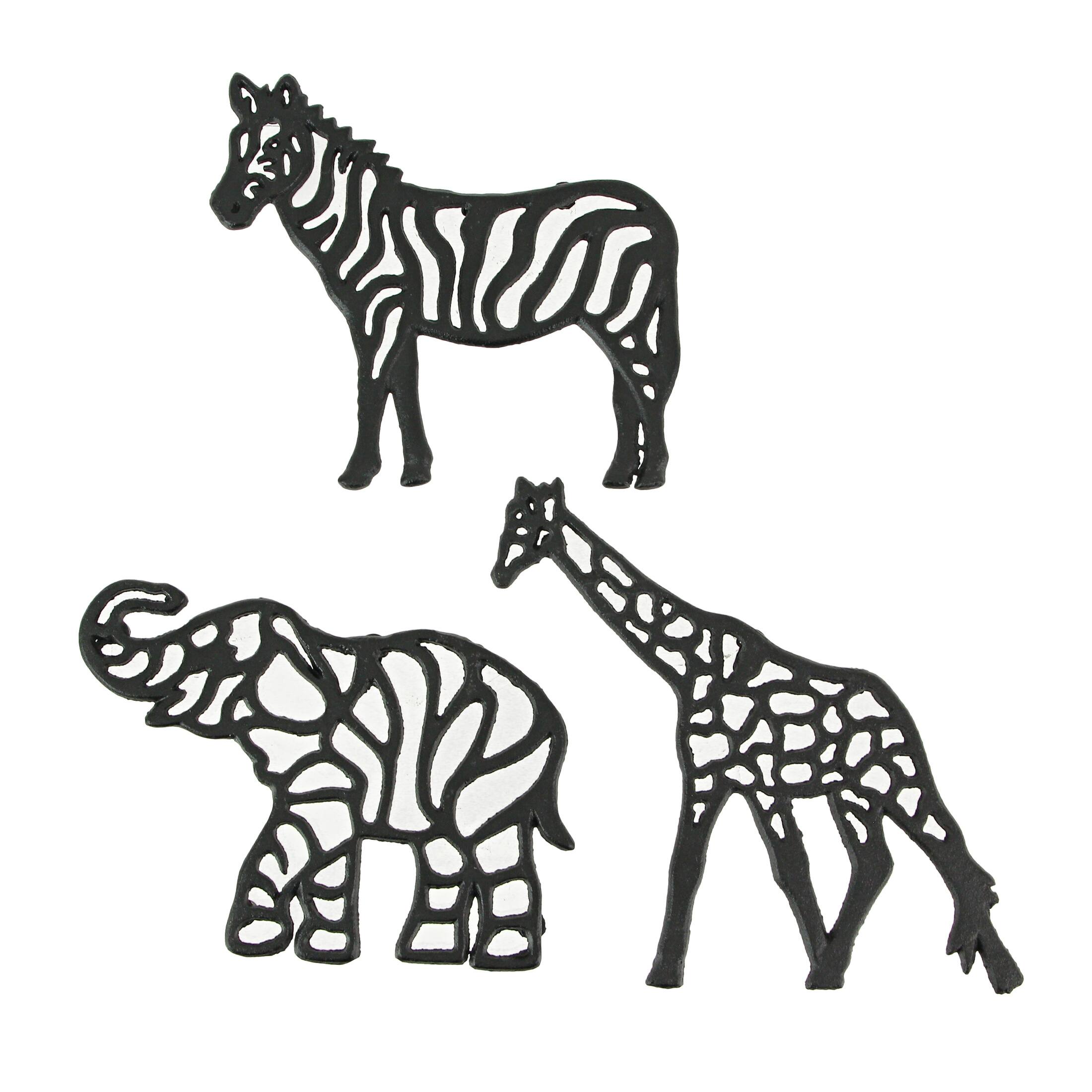 Front. Zeckos - Set of 3 Black Cast Iron Safari Animal Kitchen Decor Trivets Wall Hanging Art - Black.