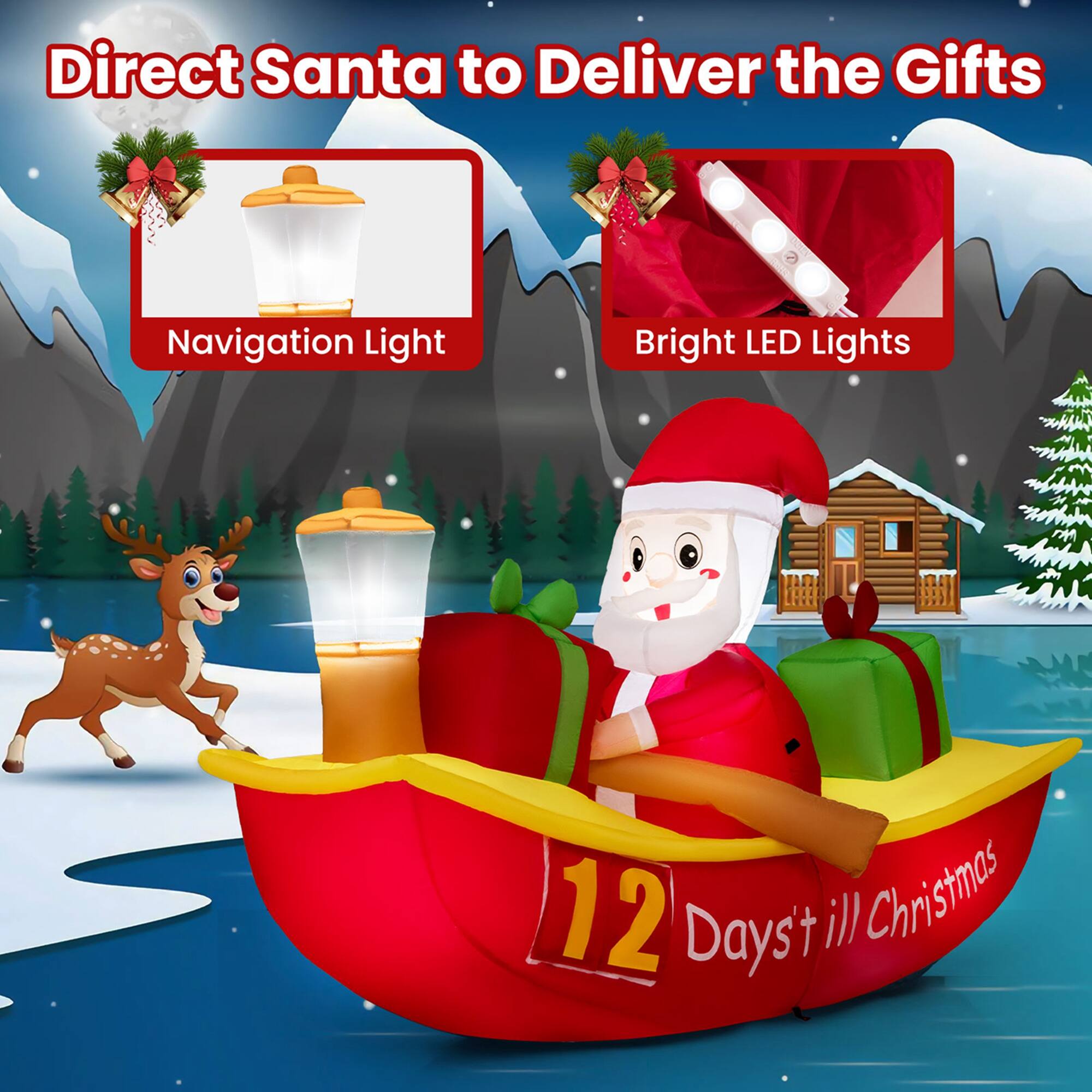 Costway 7 FT Long Christmas Inflatable Santa Claus Rowing Boat with