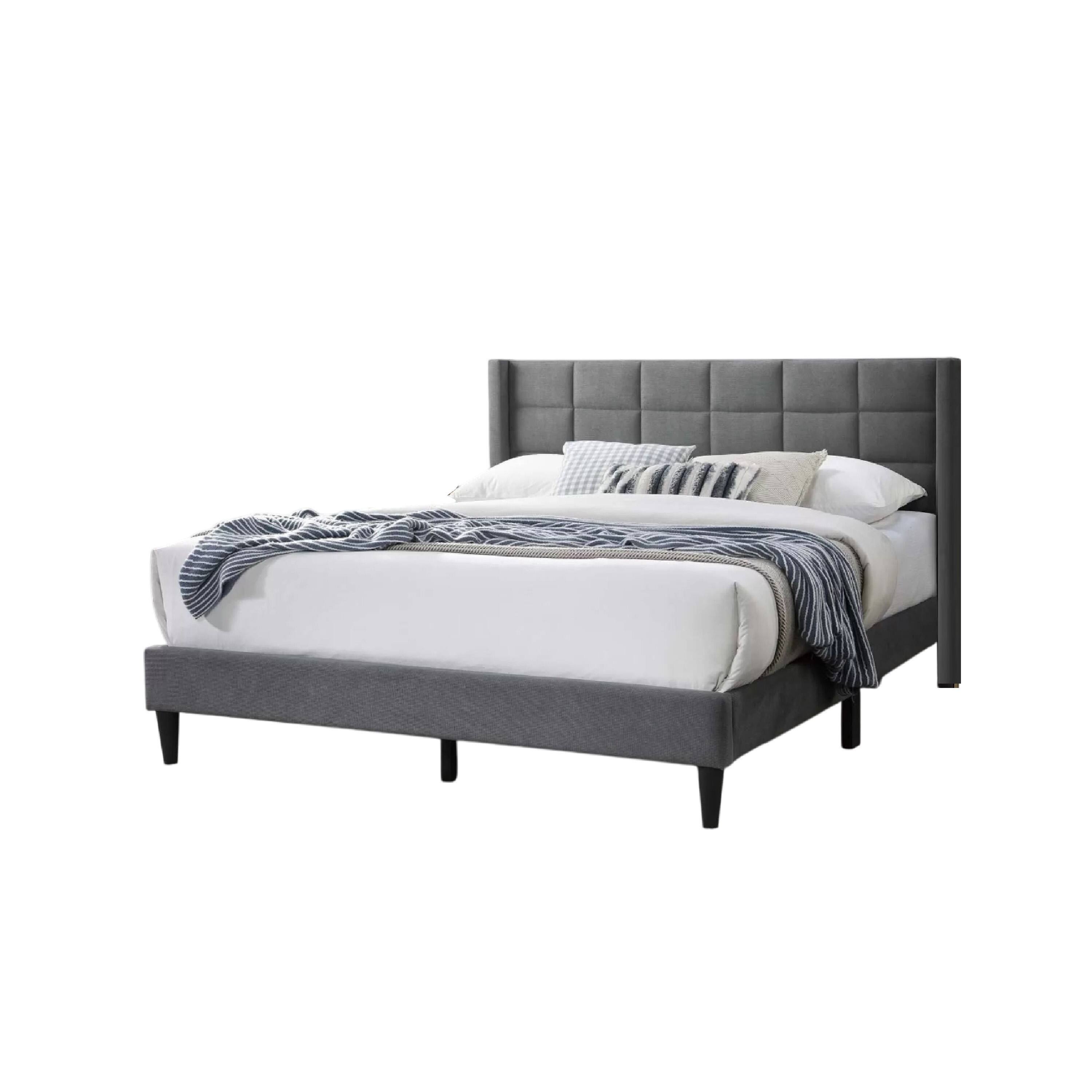 Alt View 2. Manhattan Lane - Zensa Full Bed, Light Gray Linen Upholstery, Padded Wing Headboard - Light Gray, Black.